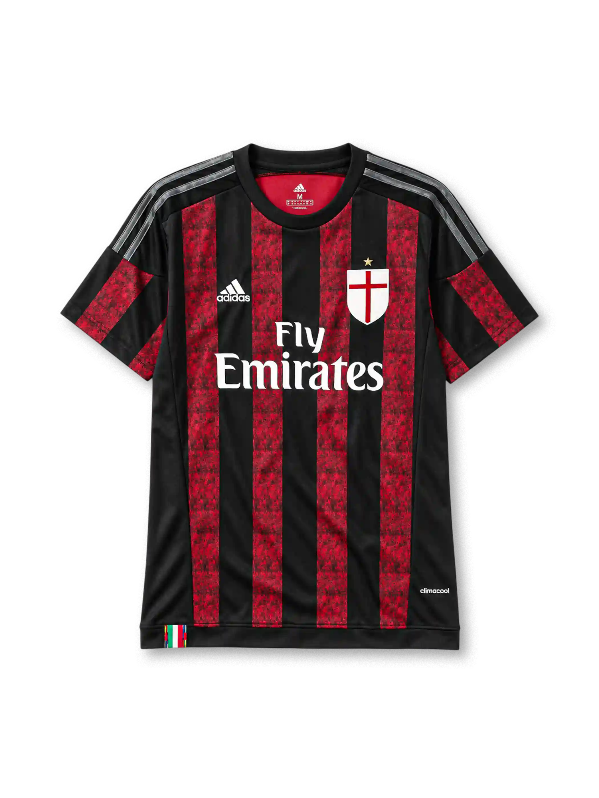 AC Milan 2015-16 home jersey adidas front view red black stripes St George crest