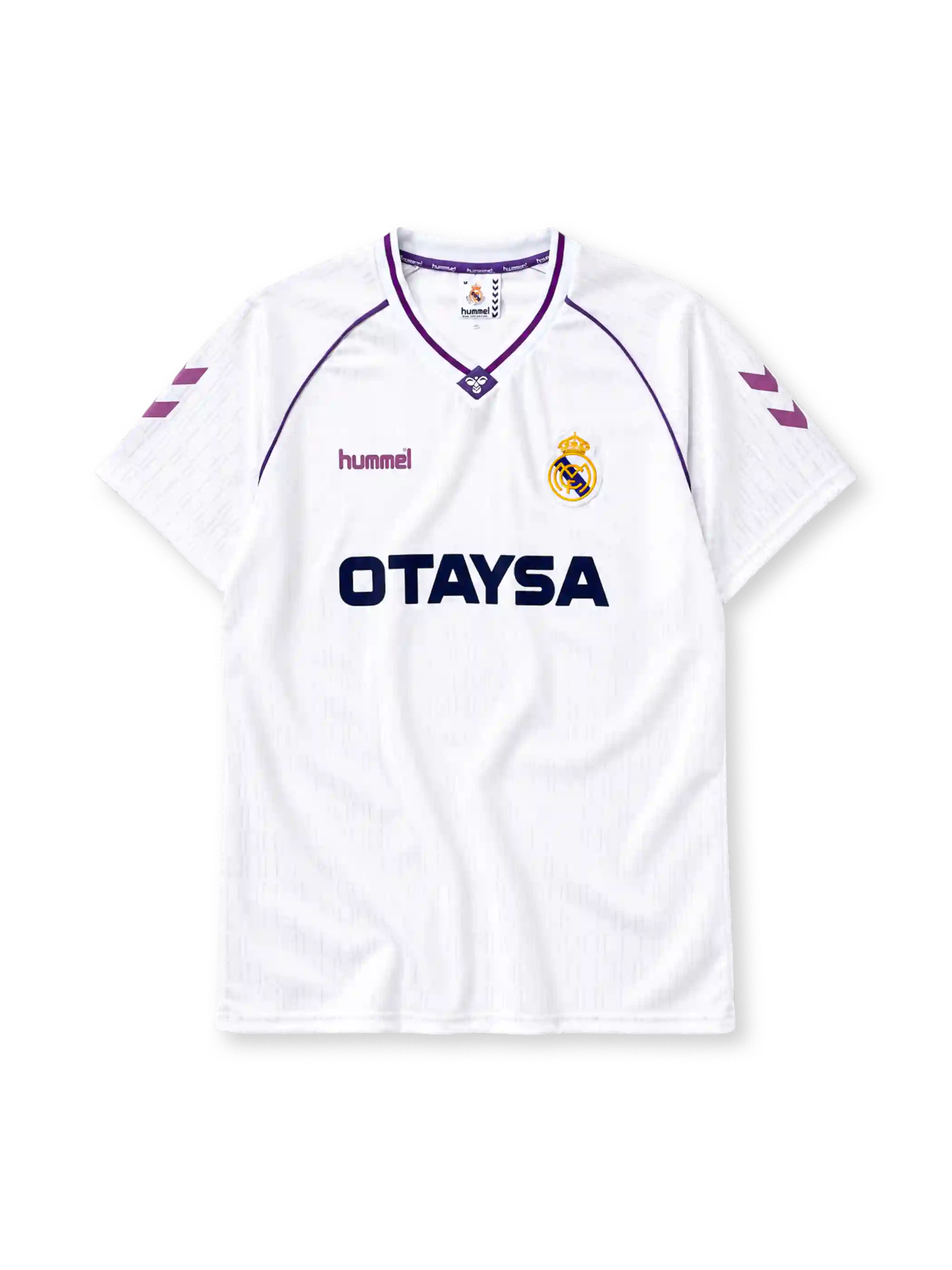 Real Madrid 1990-92 home jersey Hummel front view white purple trim