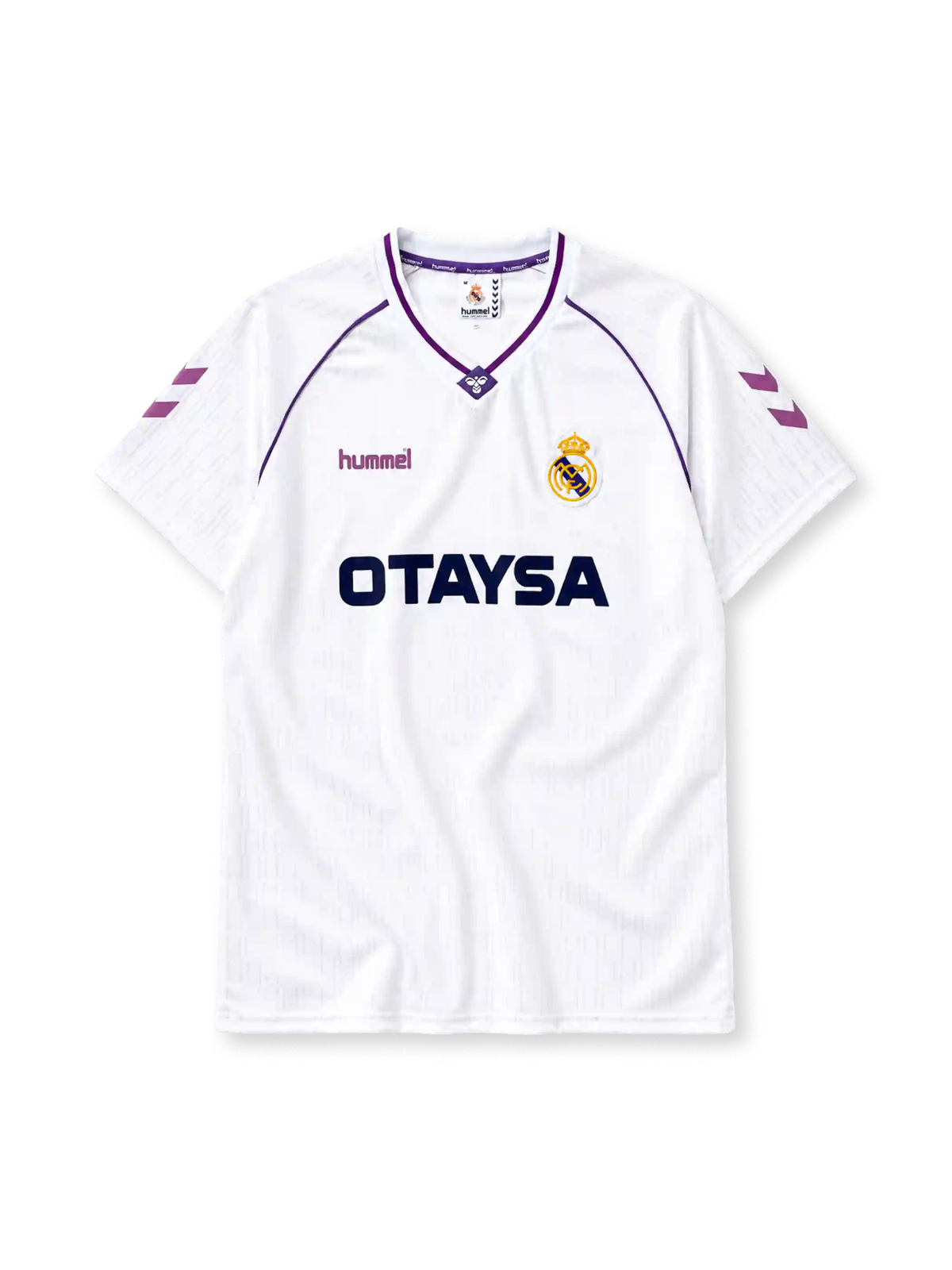 Real Madrid 1990-92 home jersey Hummel front view white purple trim