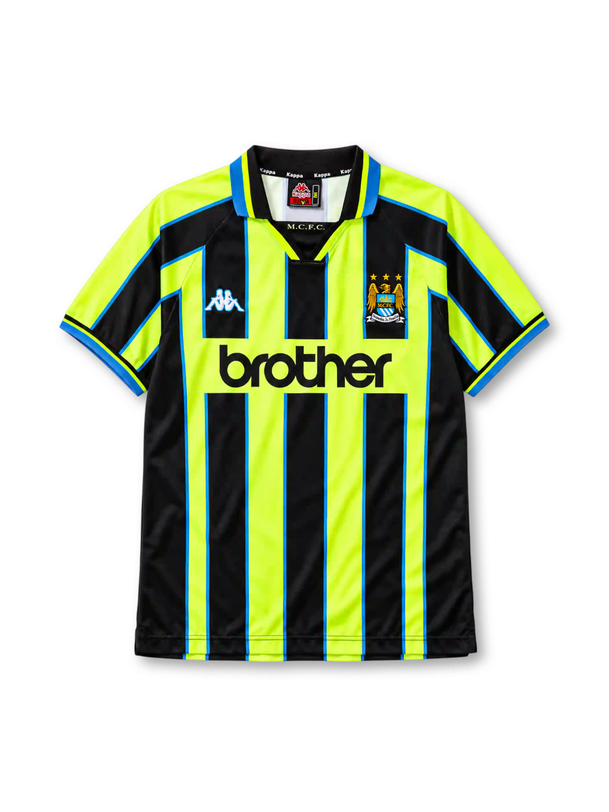 Manchester City 1998-99 away jersey Kappa front view neon yellow black stripes