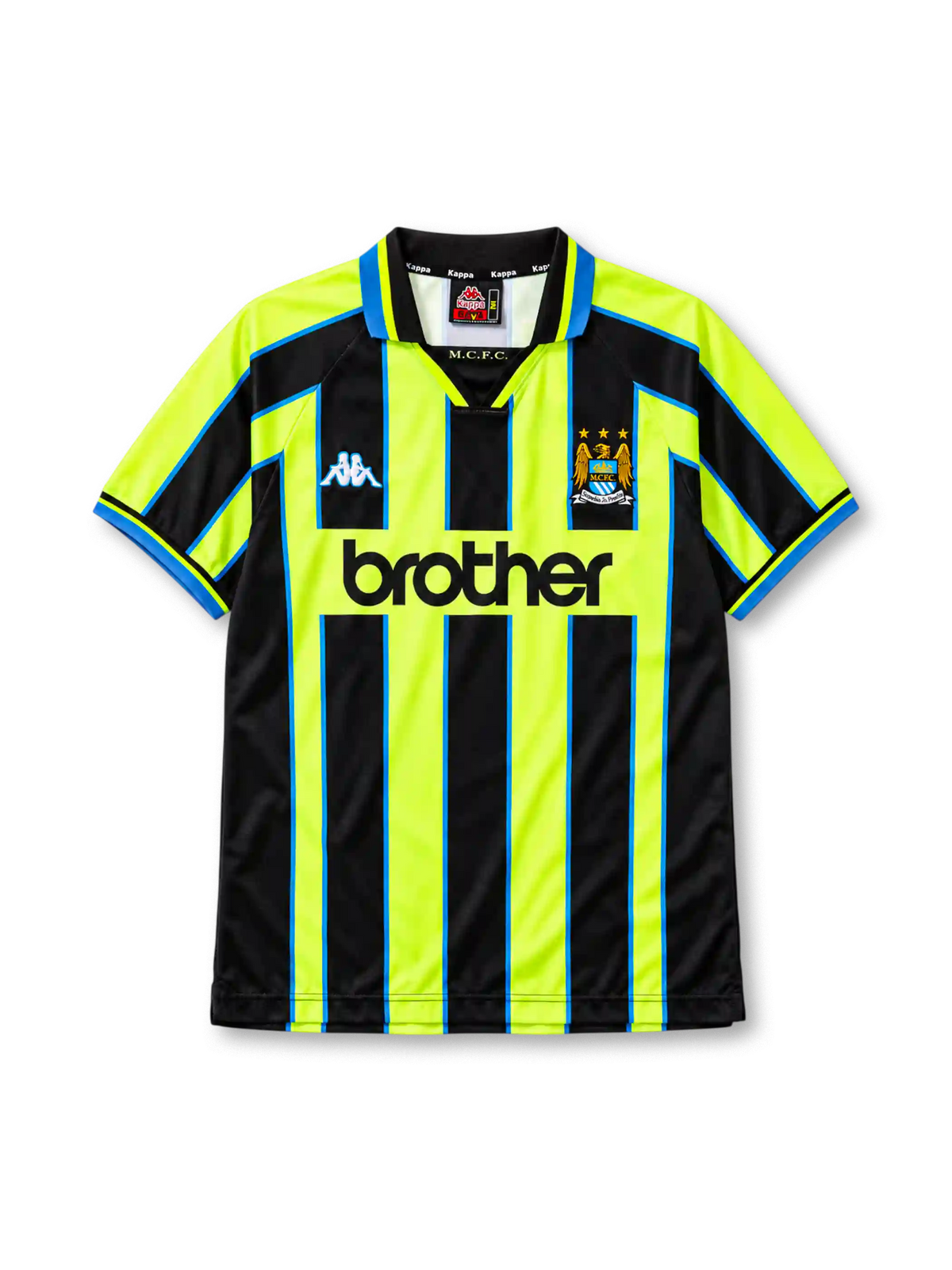 Manchester City 1998-99 away jersey Kappa front view neon yellow black stripes