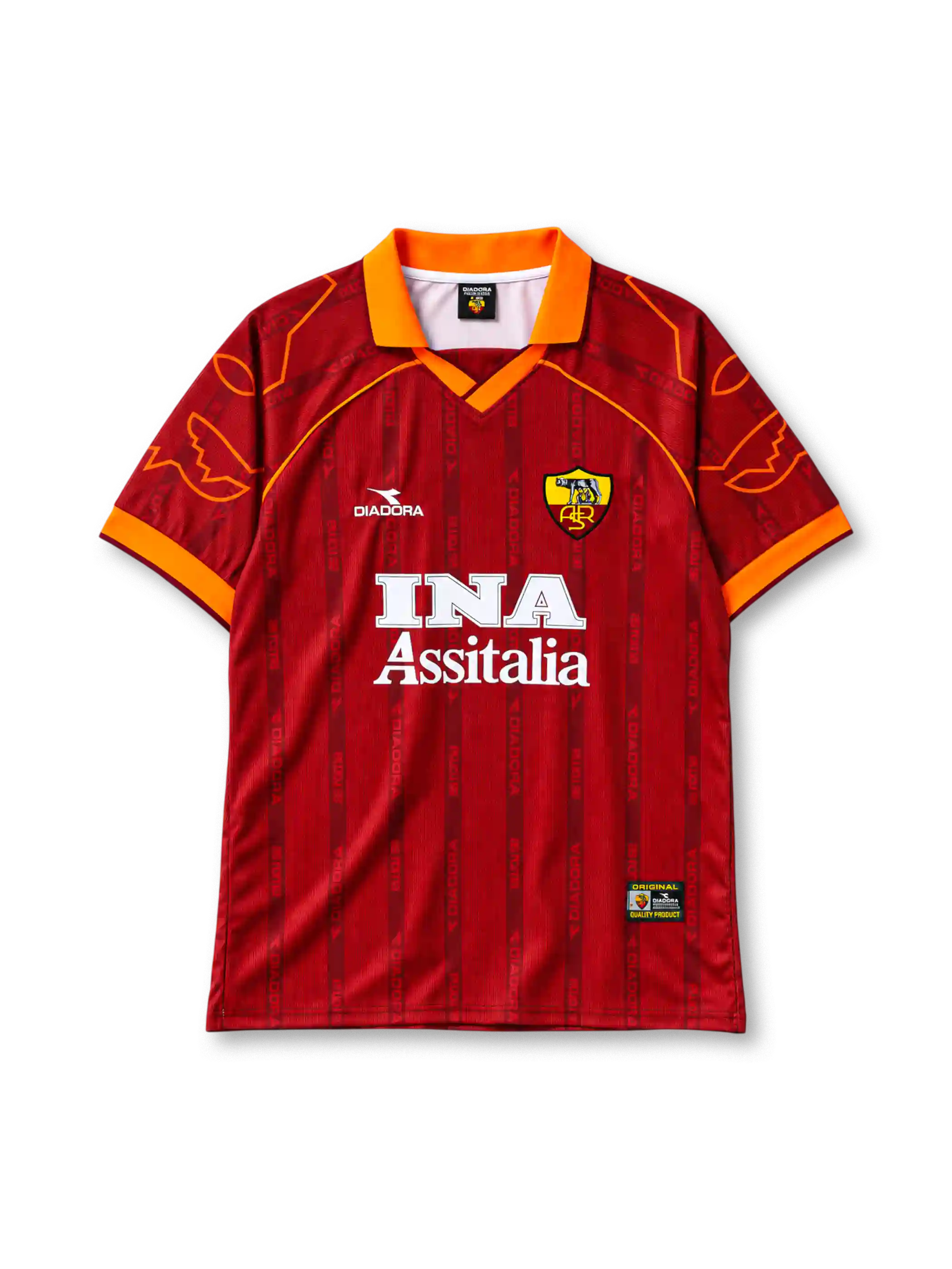 AS Roma 1999-2000 home jersey Diadora front view red orange wing sleeves