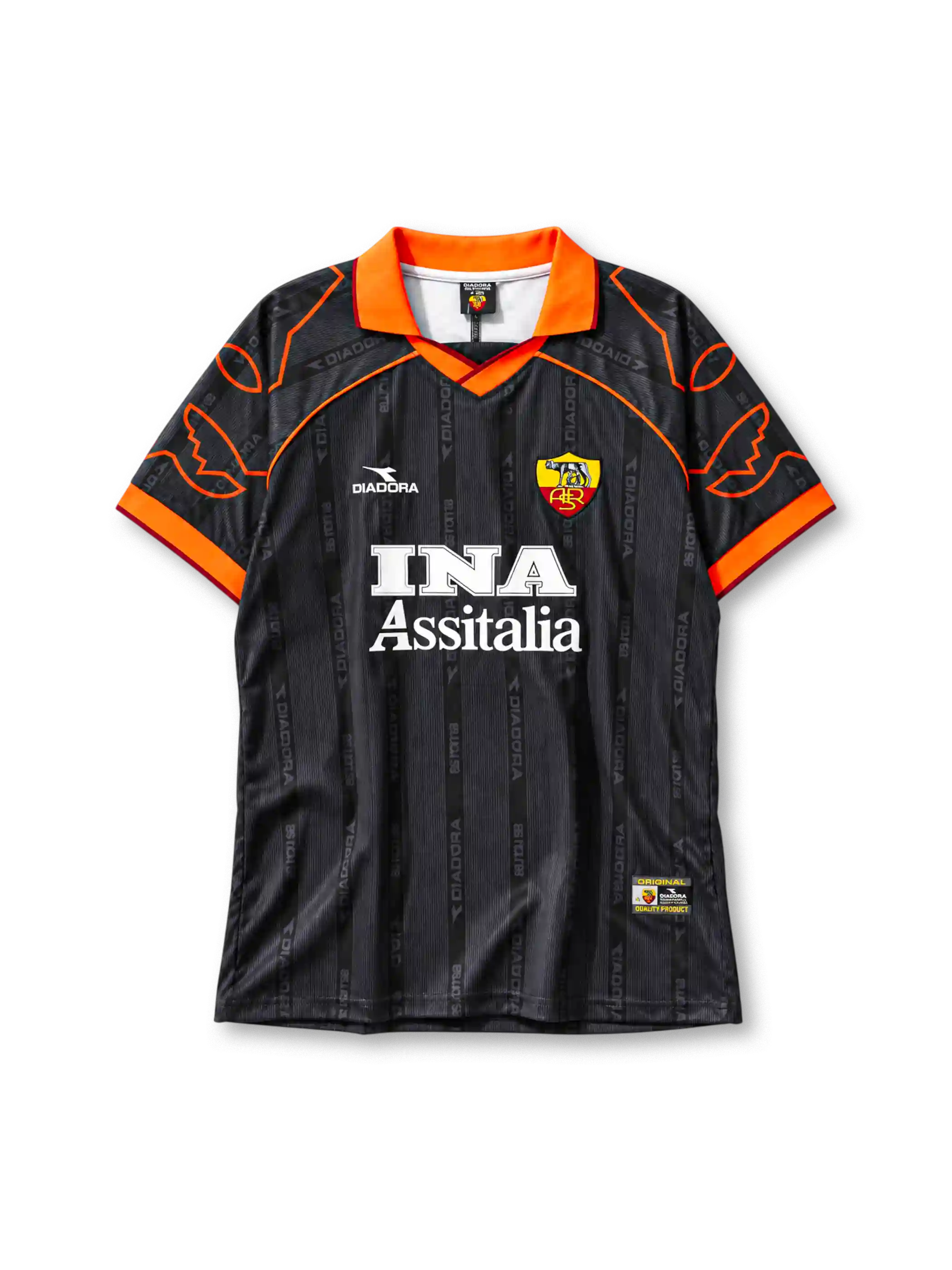 AS Roma 1999-2000 away jersey Diadora front view black orange wing sleeves