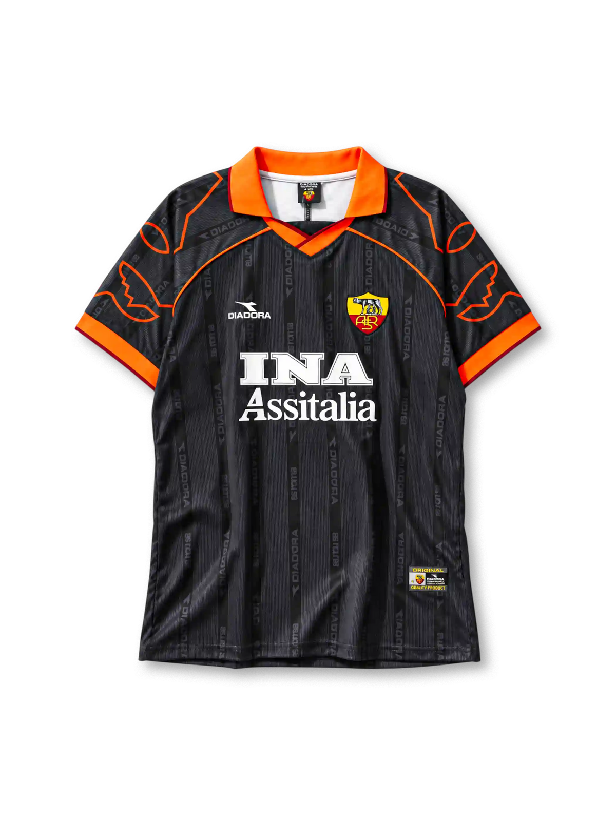 AS Roma 1999-2000 away jersey Diadora front view black orange wing sleeves