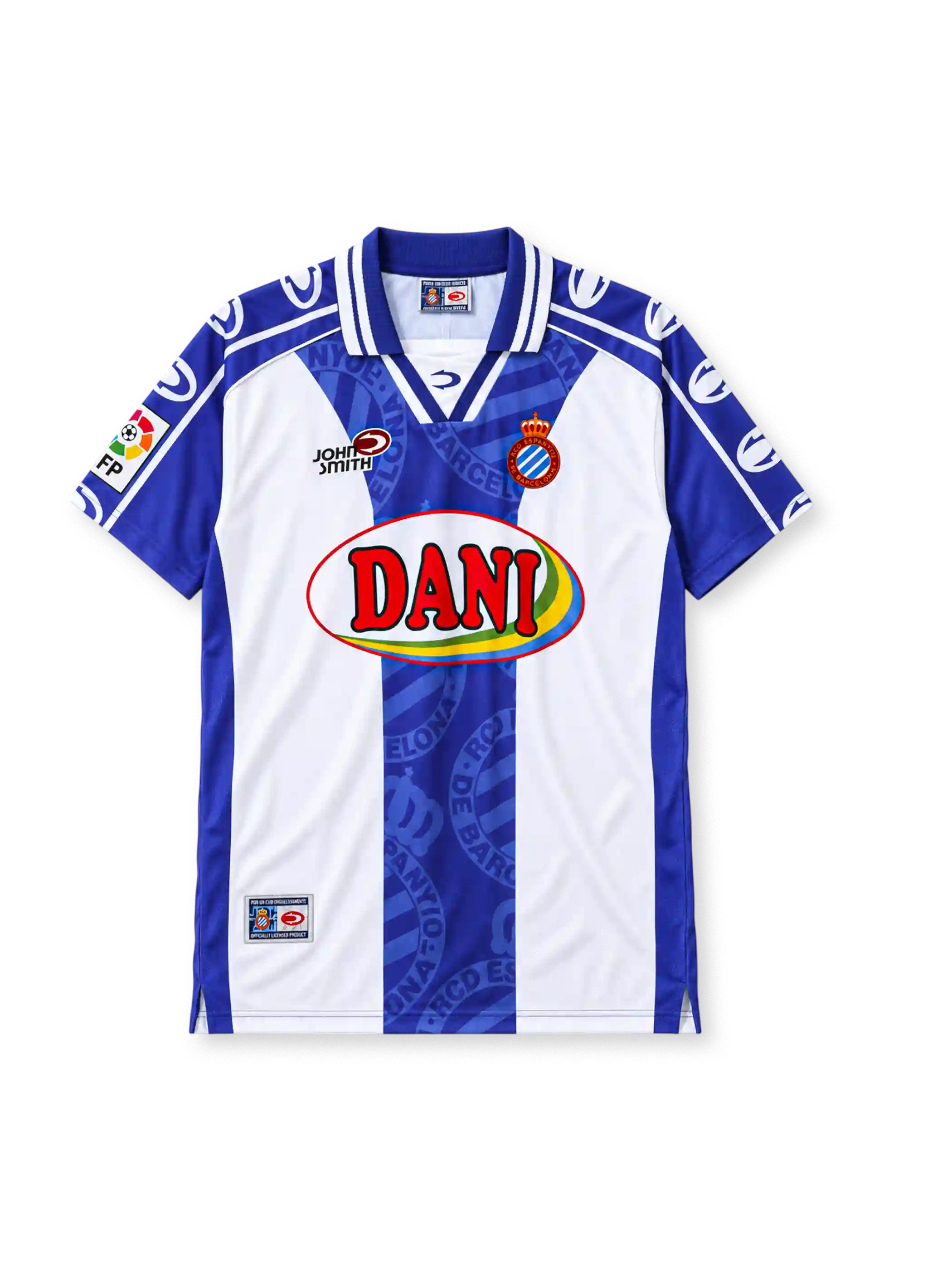 RCD Espanyol 1999-2000 home jersey John Smith front view blue white stripes