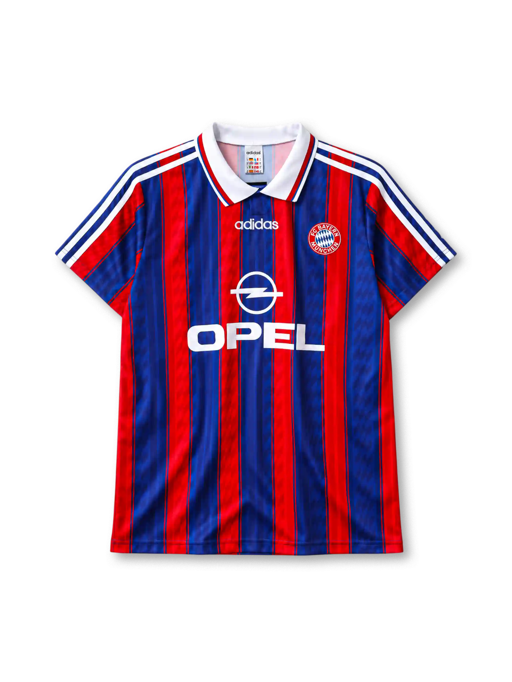 Bayern Munich 1995-97 home jersey adidas front view red blue pinstripes