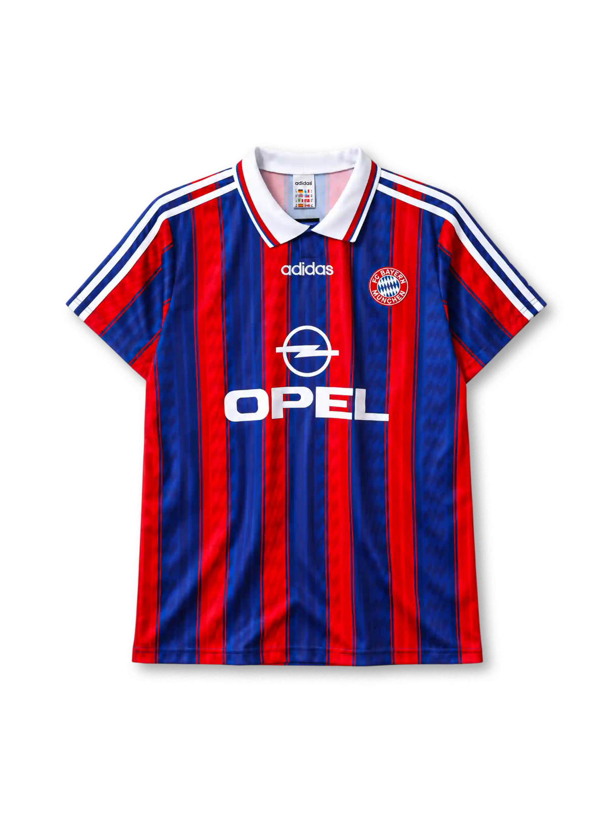 Bayern Munich 1995-97 home jersey adidas front view red blue pinstripes