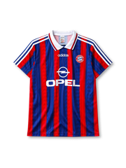 Bayern Munich 1995-97 home jersey adidas front view red blue pinstripes