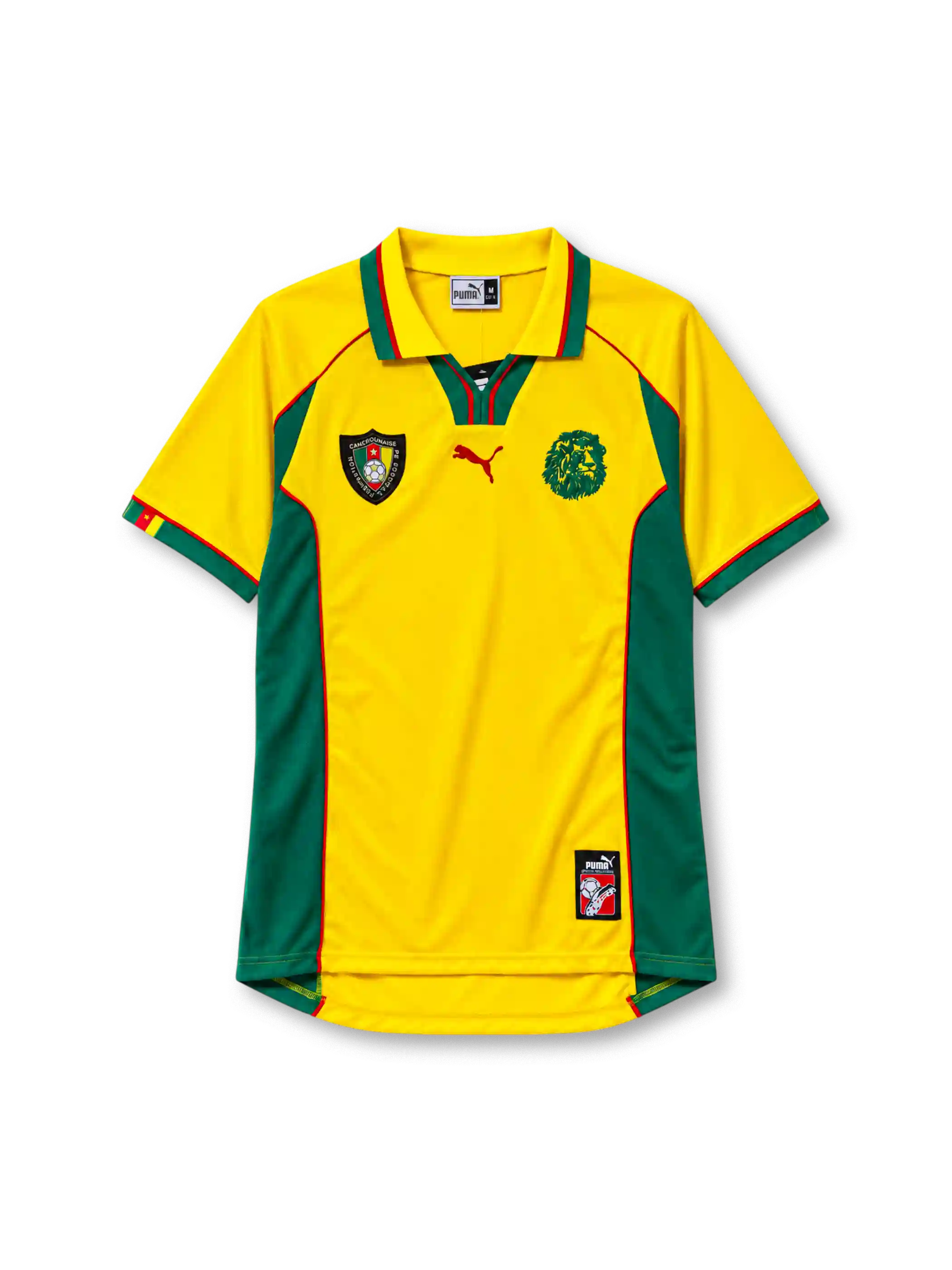 Cameroon 1998-99 away jersey Puma front view yellow green side panels