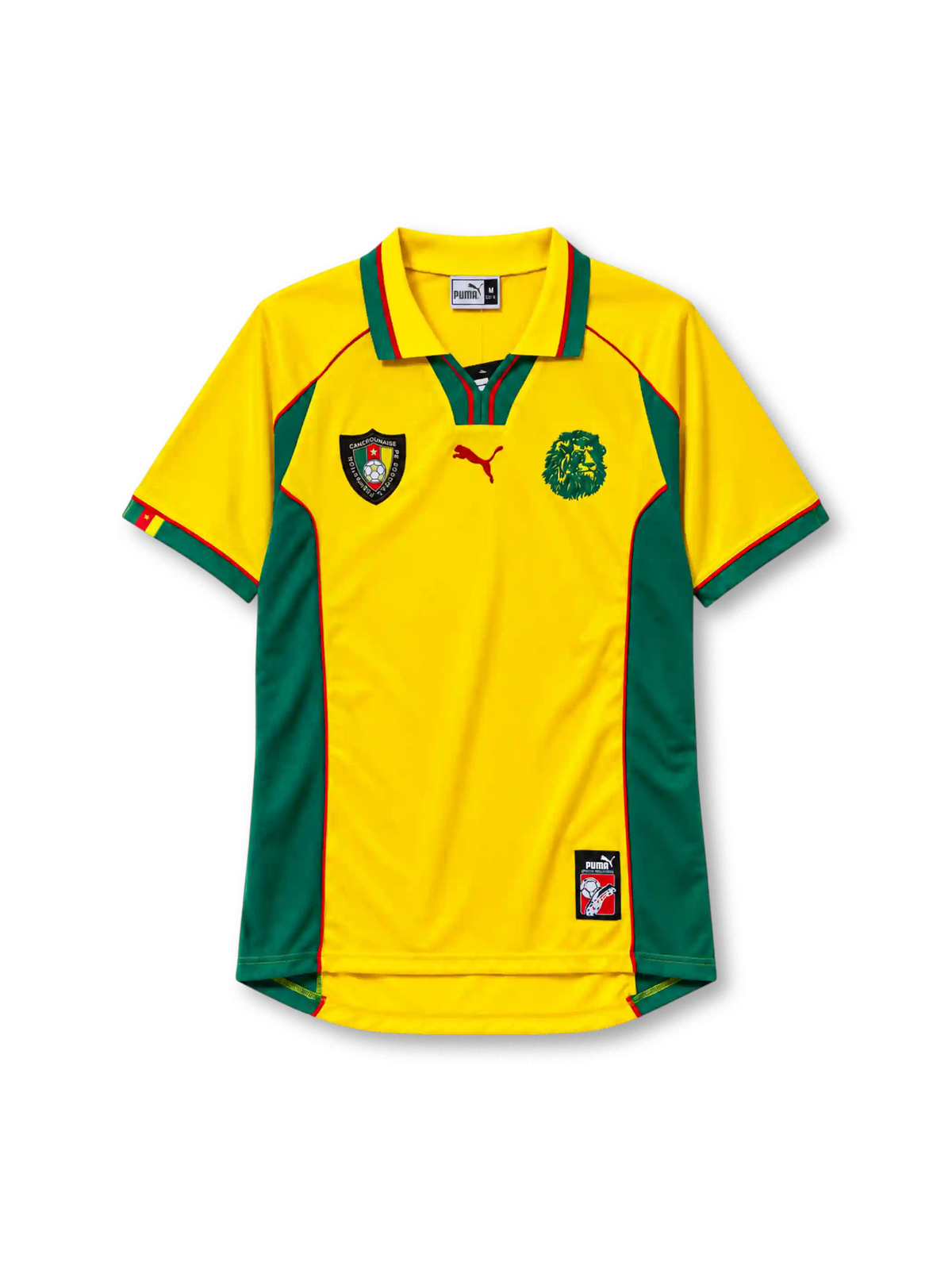 Cameroon 1998-99 away jersey Puma front view yellow green side panels