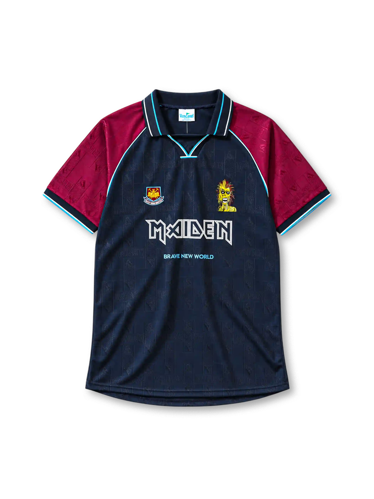 West Ham United 1999 home jersey novelty front view navy claret Iron Maiden