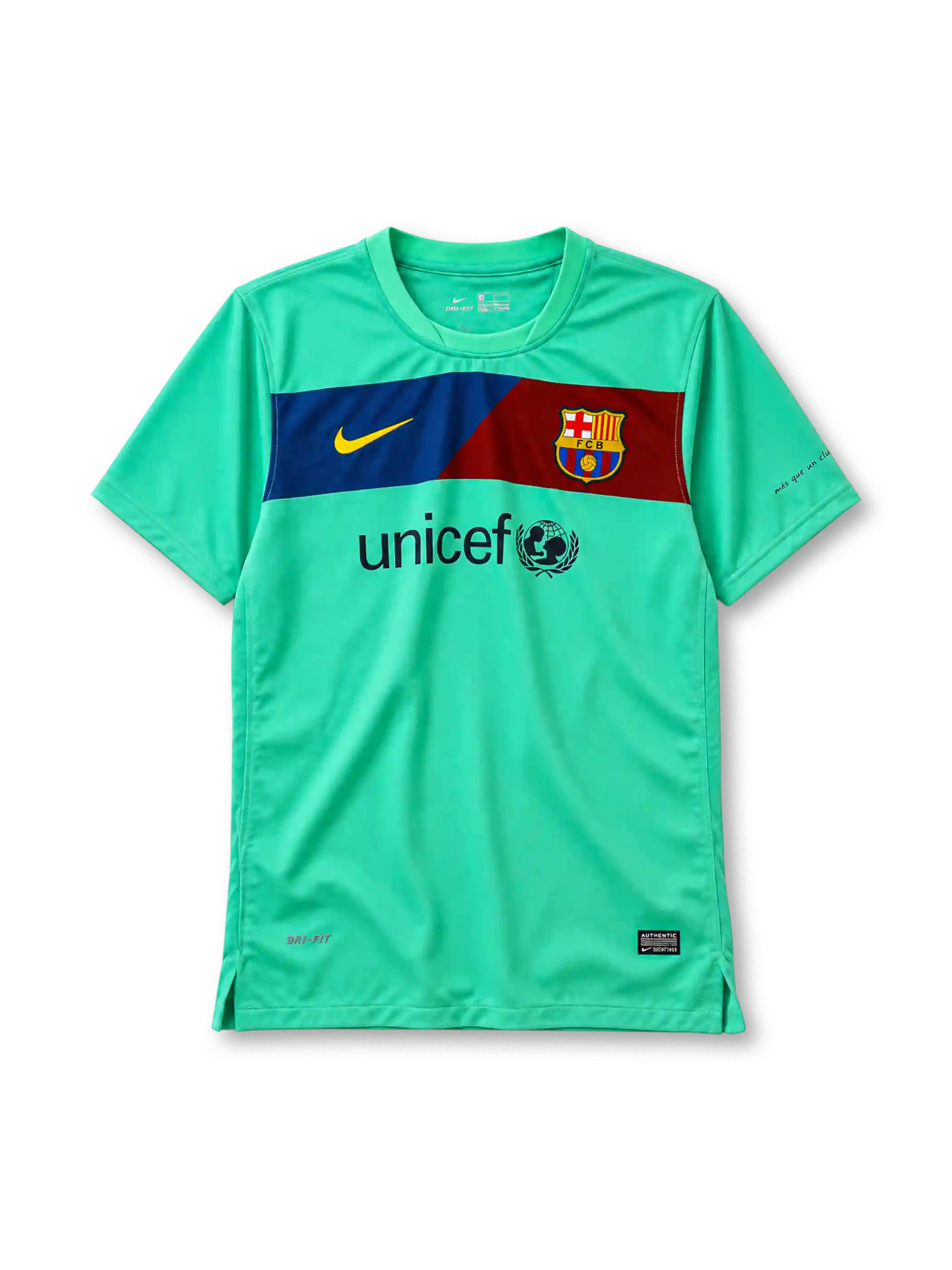 FC Barcelona 2010-11 away jersey Nike front view mint green Unicef