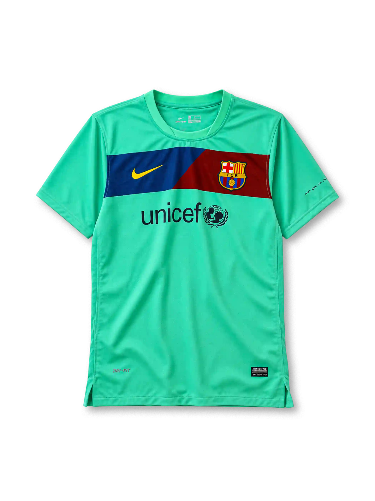 FC Barcelona 2010-11 away jersey Nike front view mint green Unicef