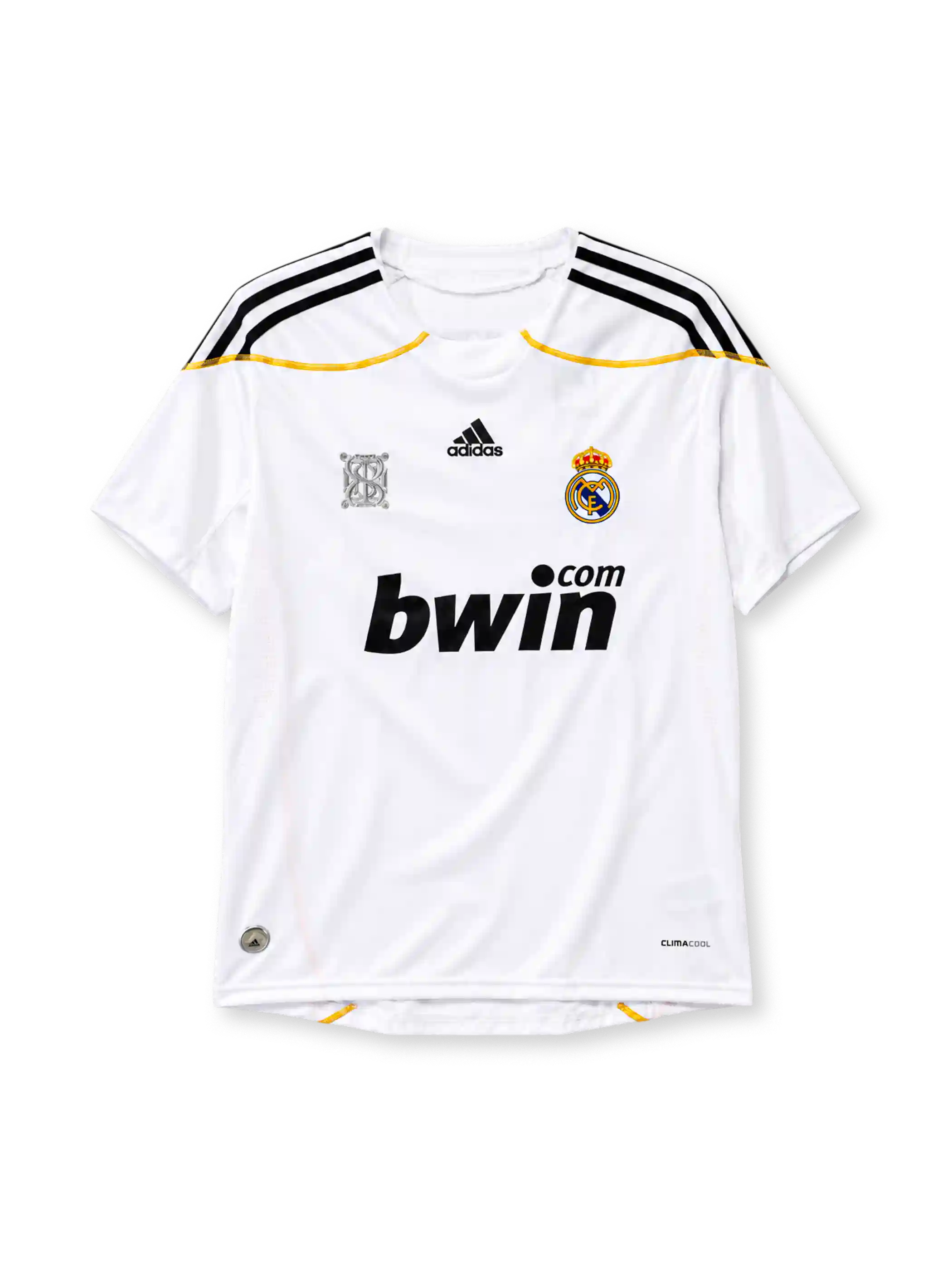 Real Madrid 2009-10 home jersey adidas front view white black gold trim