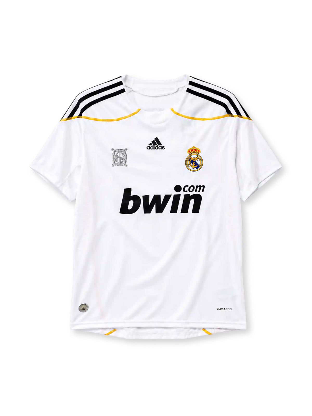 Real Madrid 2009-10 home jersey adidas front view white black gold trim
