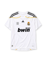 Real Madrid 2009-10 home jersey adidas front view white black gold trim