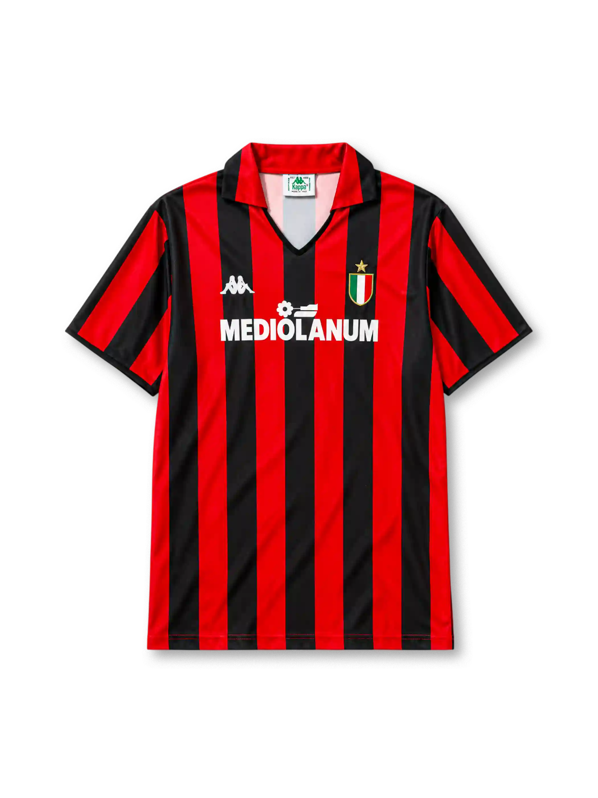 AC Milan 1988/89 home football jersey by Kappa with Mediolanum sponsor logo and scudetto shield