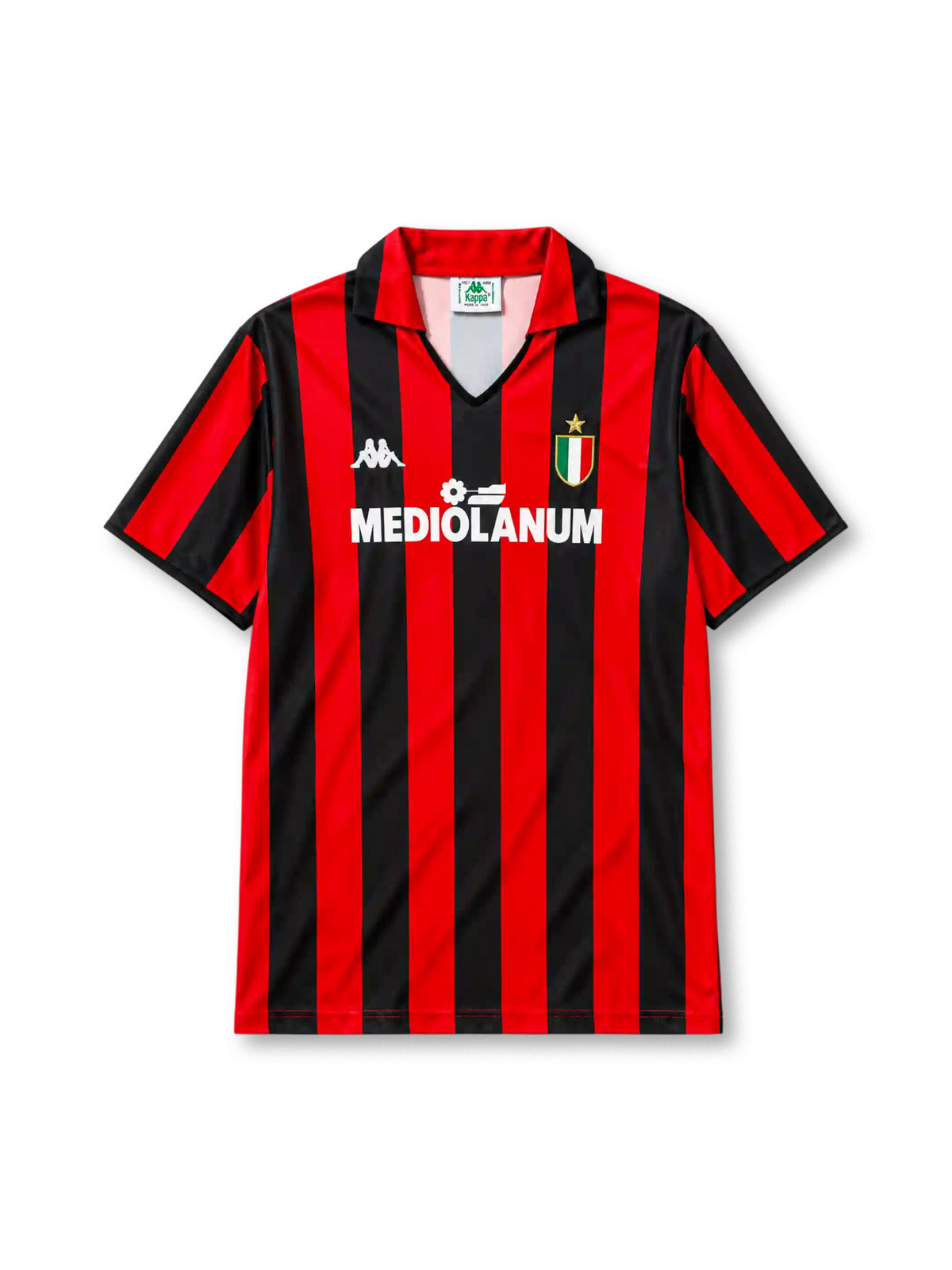 AC Milan 1988/89 home football jersey by Kappa with Mediolanum sponsor logo and scudetto shield