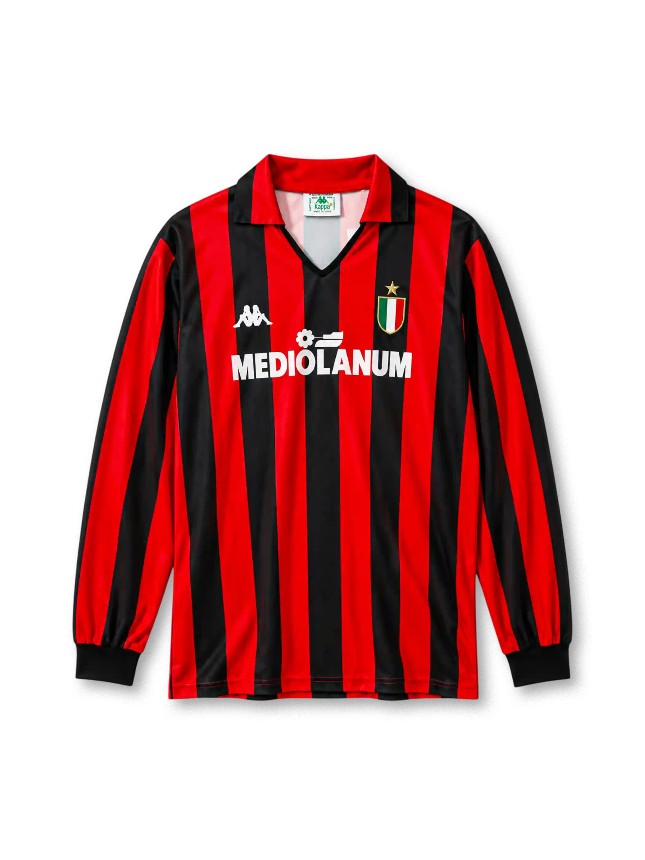 AC Milan 1988/89 long-sleeve home football jersey by Kappa with Mediolanum sponsor logo and scudetto shield