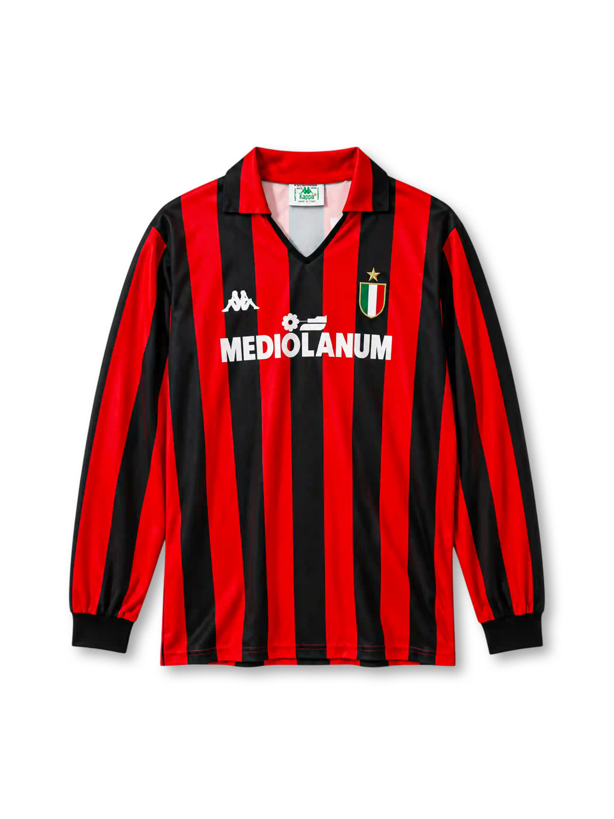 AC Milan 1988/89 long-sleeve home football jersey by Kappa with Mediolanum sponsor logo and scudetto shield