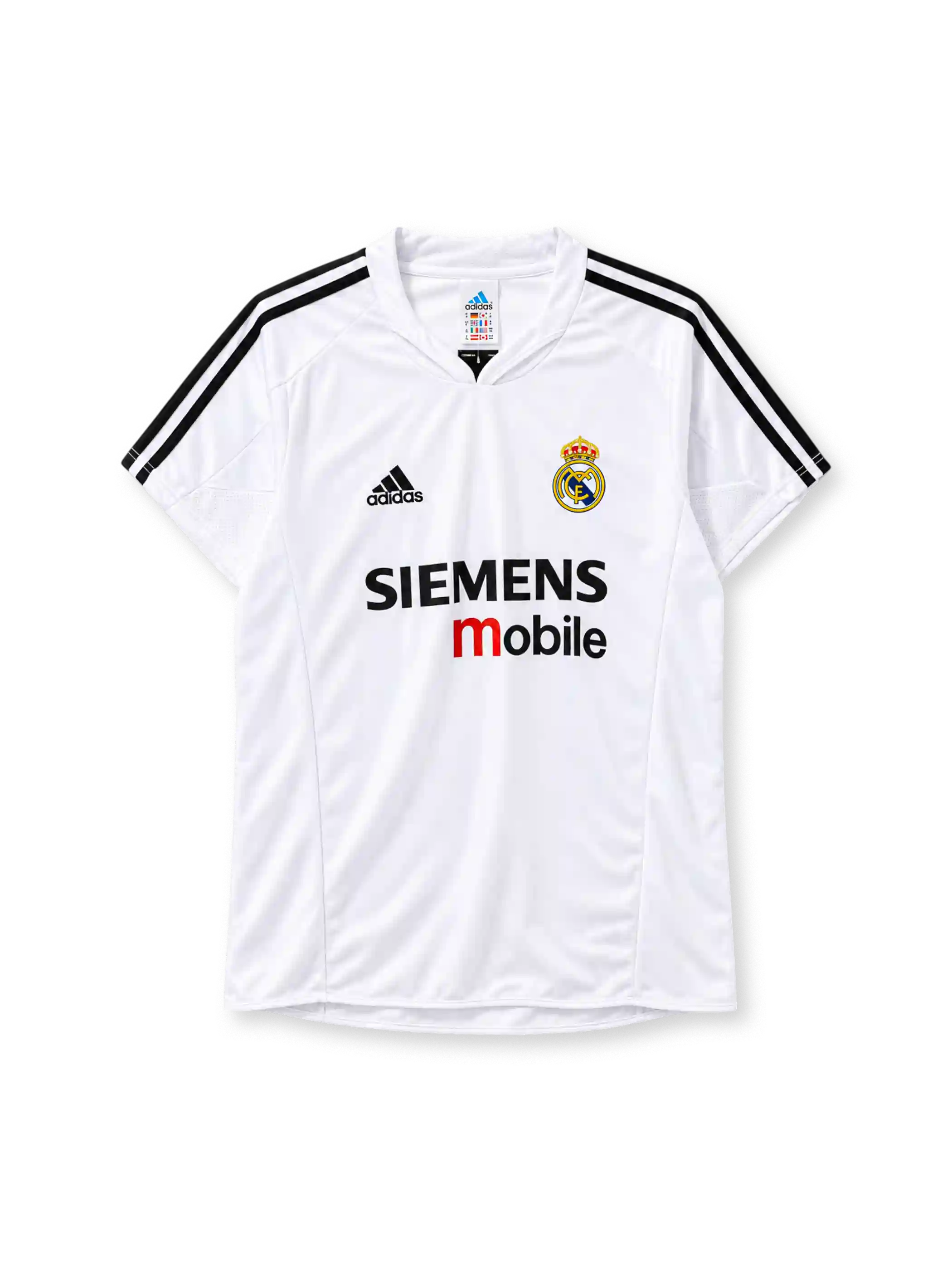 Real Madrid 2004-05 home jersey with Siemens Mobile sponsor logo and Adidas three stripes