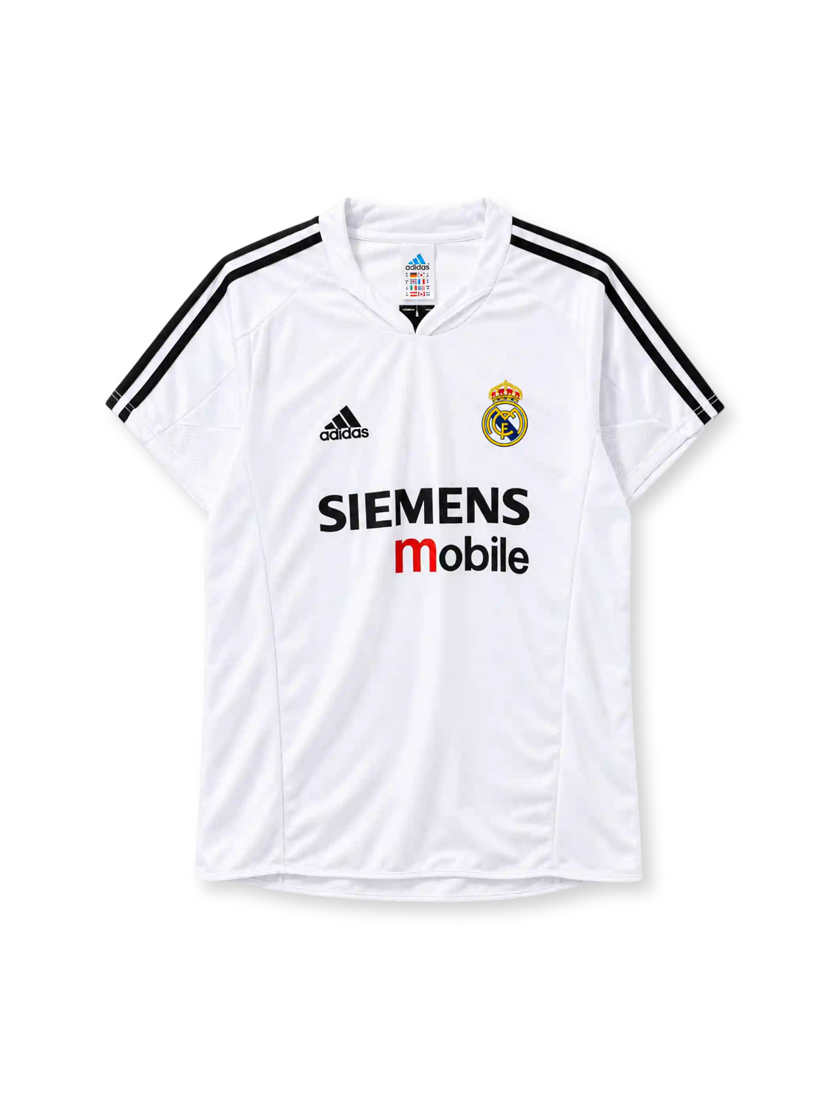 Real Madrid 2004-05 home jersey with Siemens Mobile sponsor logo and Adidas three stripes