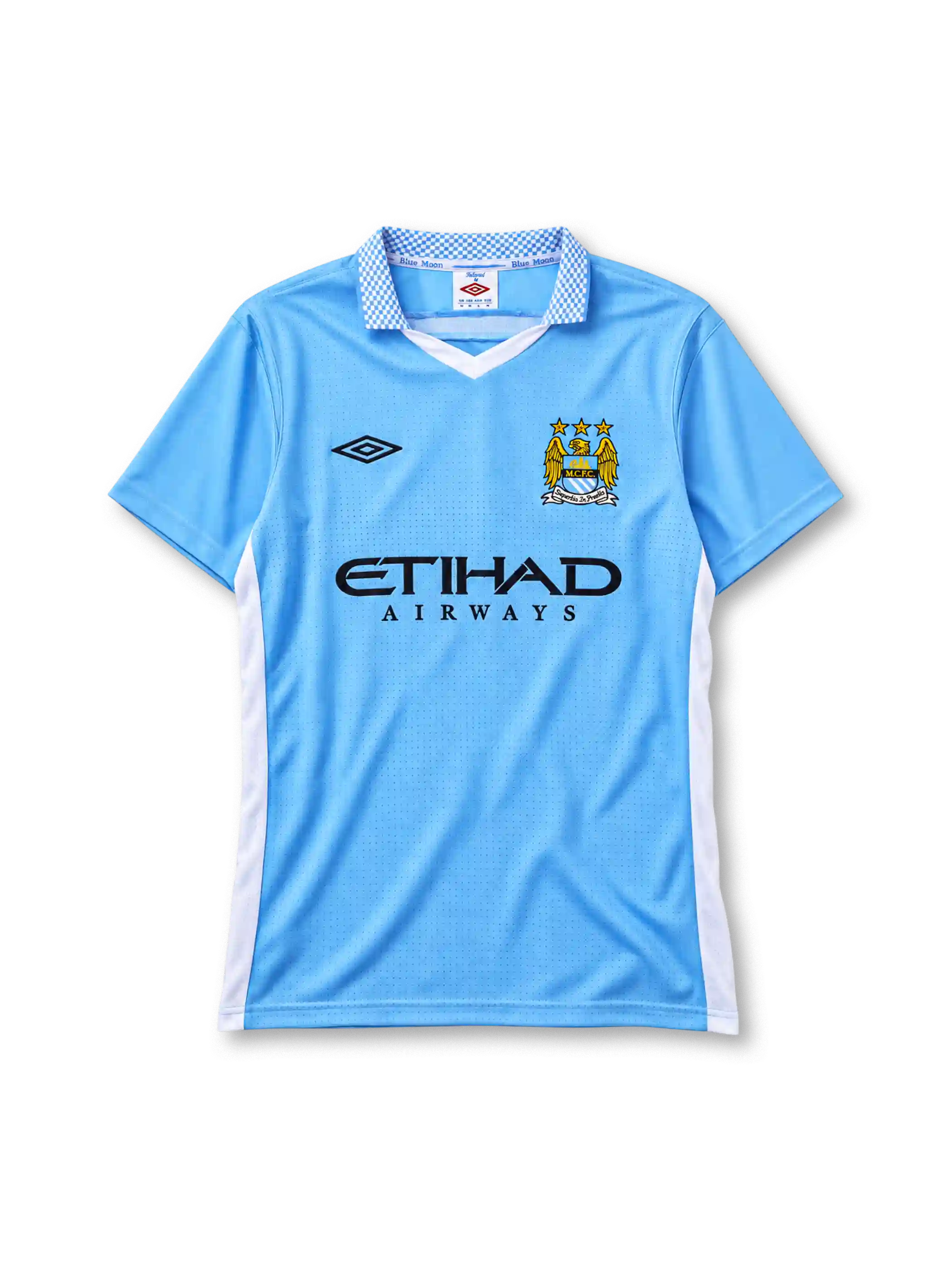 Manchester City 2011-12 home jersey in sky blue with Etihad Airways sponsor and Umbro checkered collar
