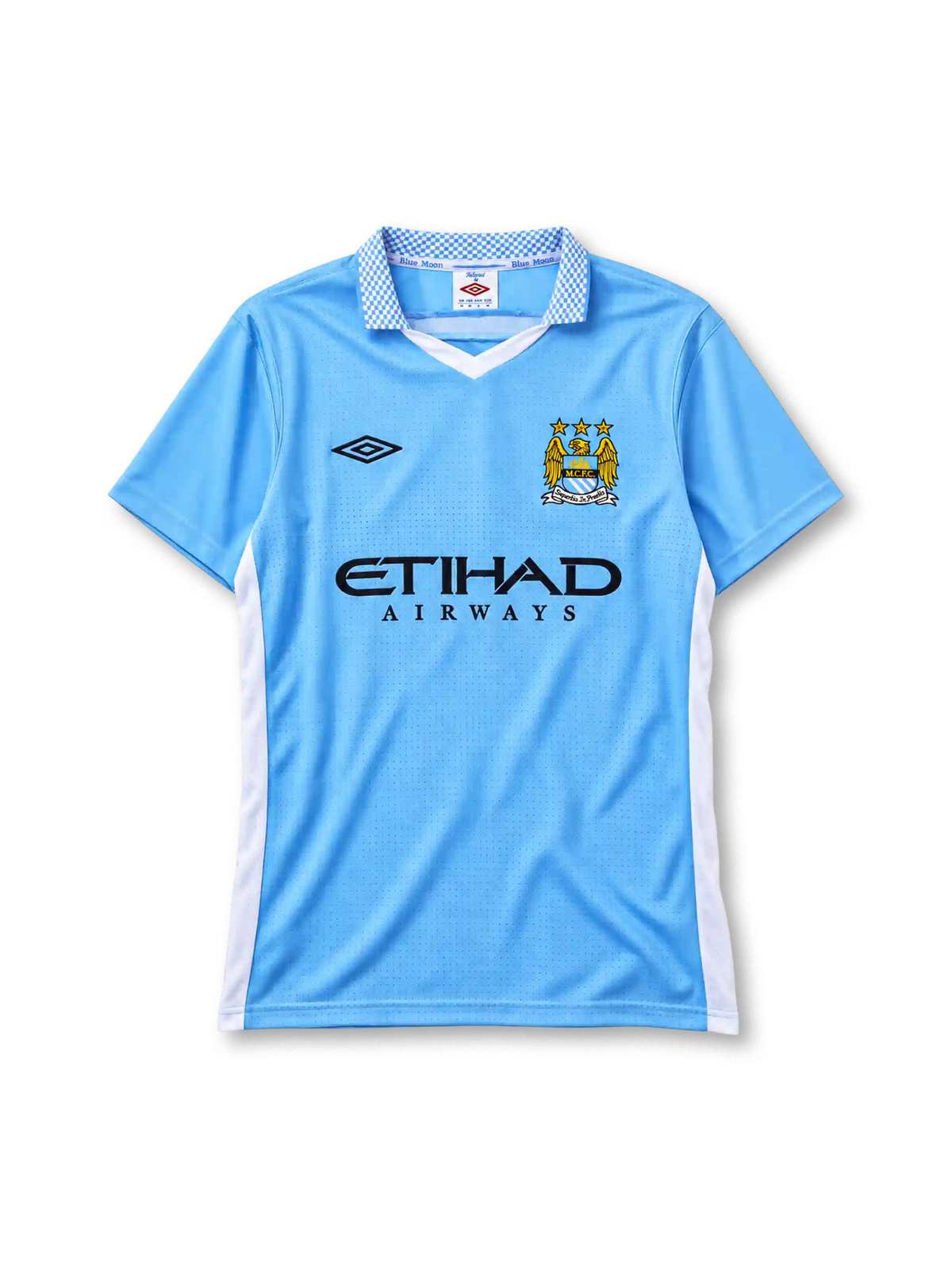 Manchester City 2011-12 home jersey in sky blue with Etihad Airways sponsor and Umbro checkered collar