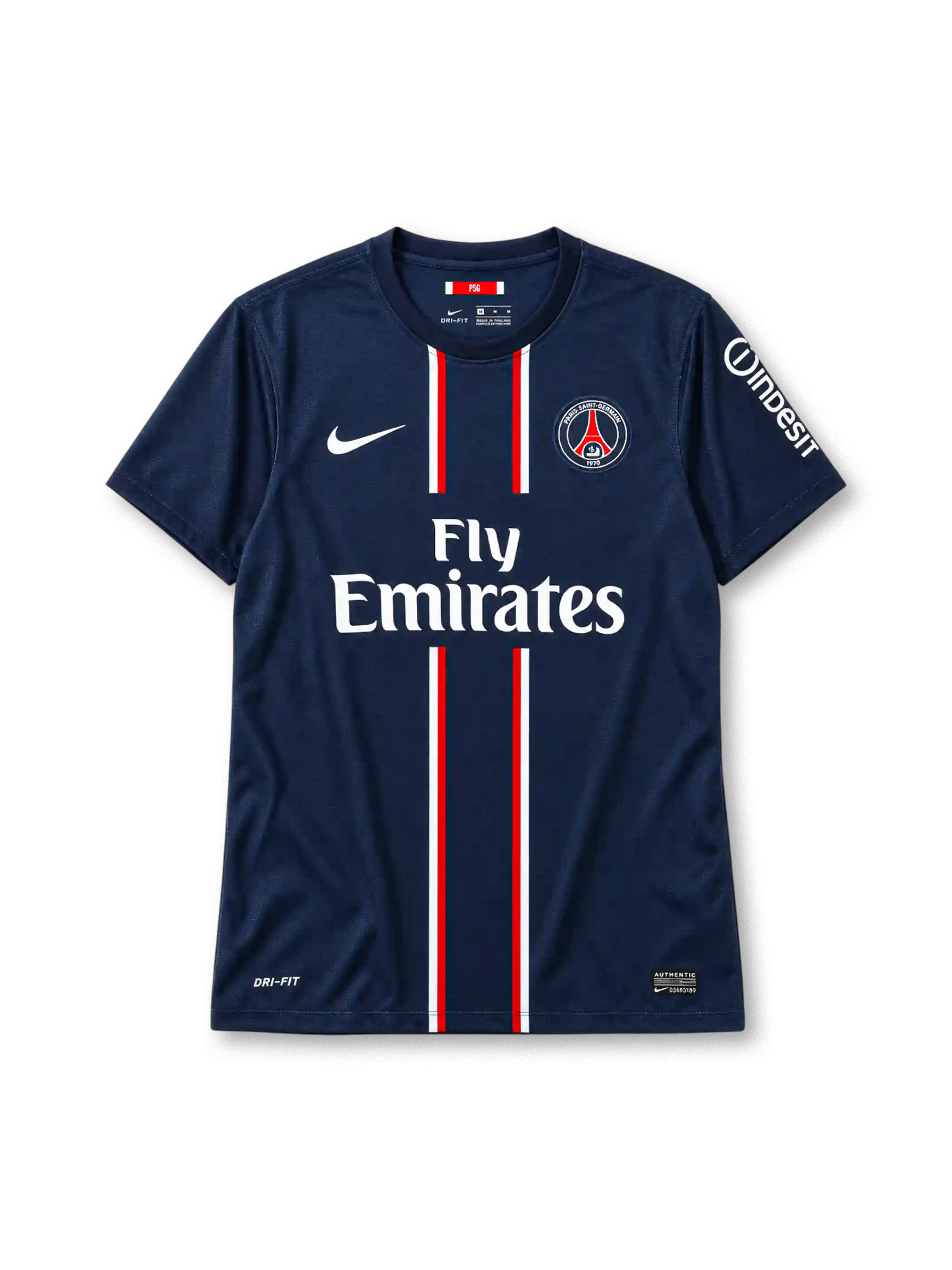 Paris Saint-Germain 2012-13 home jersey in navy with Fly Emirates sponsor and red-white center stripes