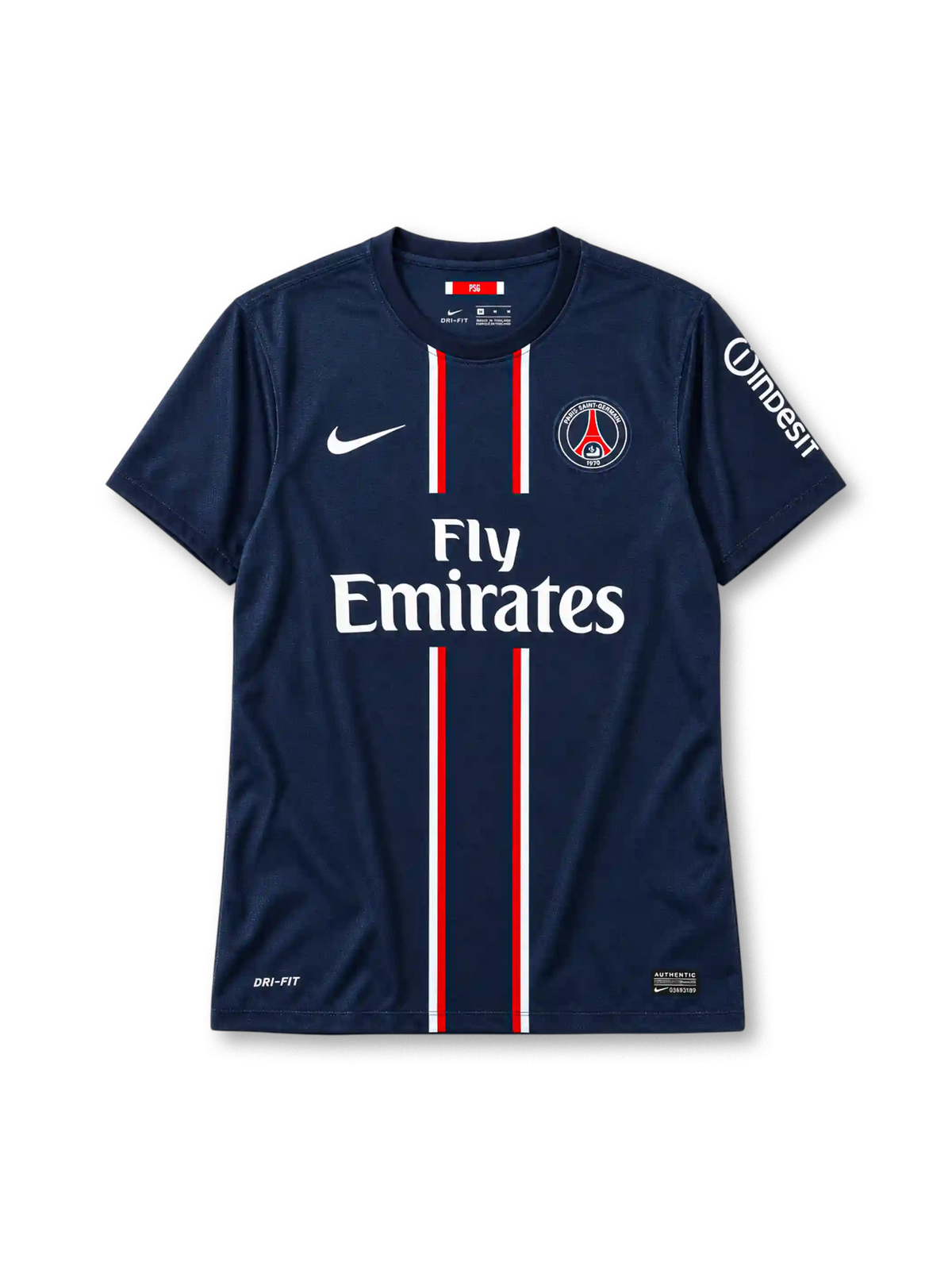 Paris Saint-Germain 2012-13 home jersey in navy with Fly Emirates sponsor and red-white center stripes