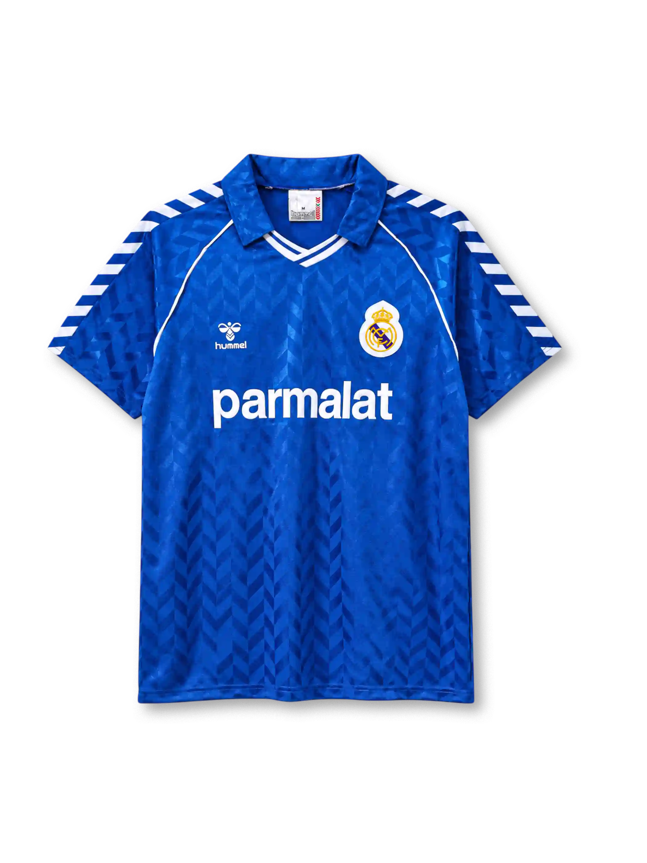 Real Madrid 1986-87 away jersey in blue with Parmalat sponsor and Hummel chevron pattern