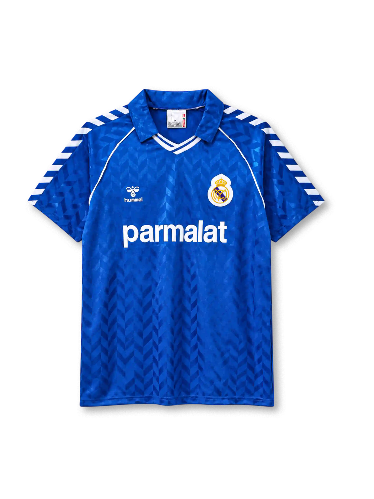 Real Madrid 1986-87 away jersey in blue with Parmalat sponsor and Hummel chevron pattern