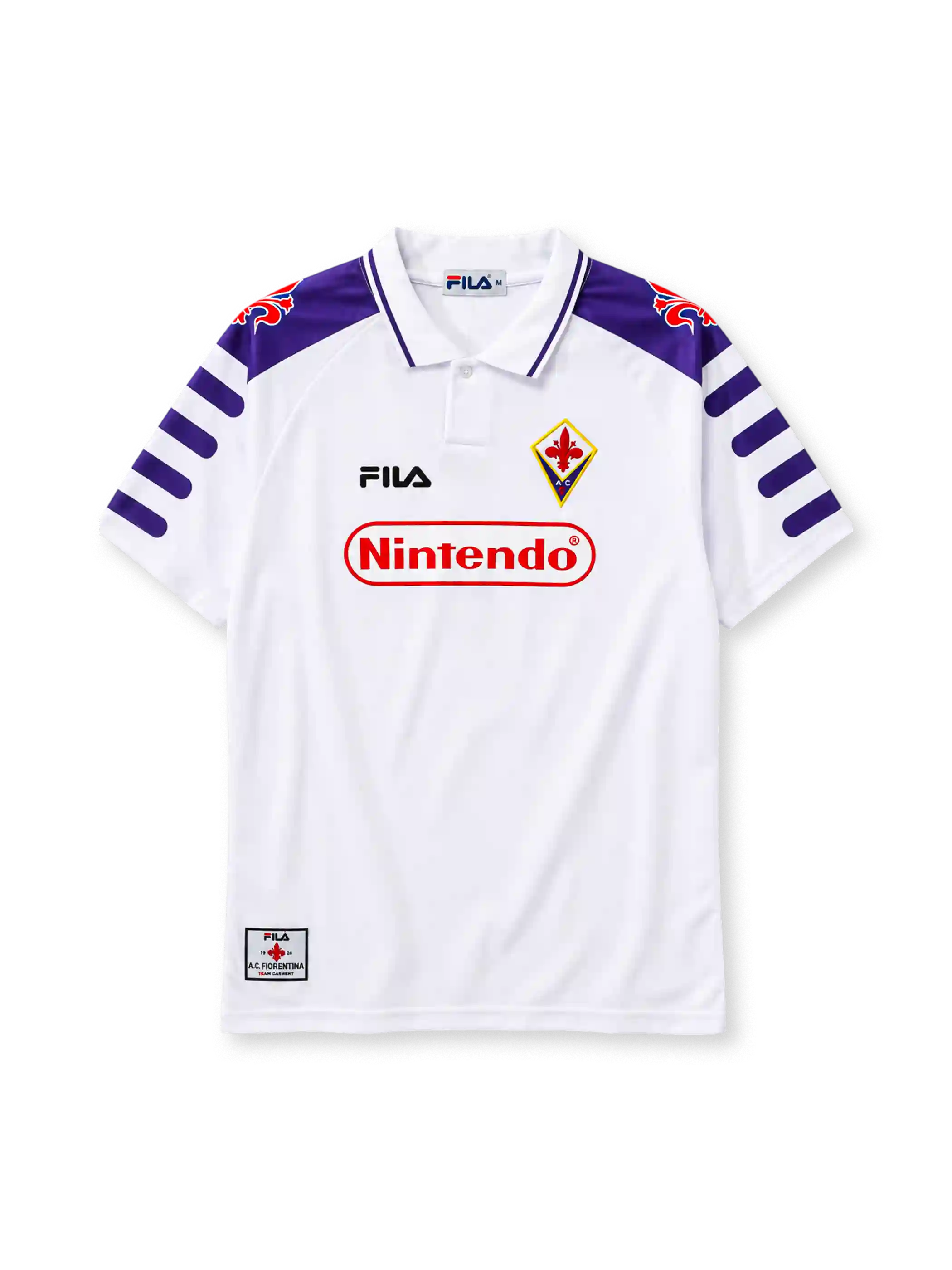 ACF Fiorentina 1998-99 away jersey in white with Nintendo sponsor and purple fleur-de-lis shoulder panels
