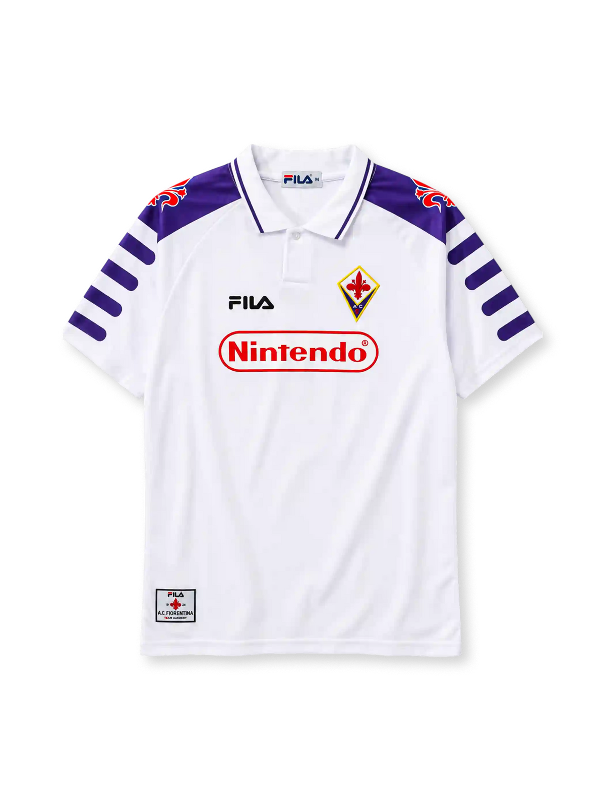 ACF Fiorentina 1998-99 away jersey in white with Nintendo sponsor and purple fleur-de-lis shoulder panels