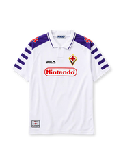 ACF Fiorentina 1998-99 away jersey in white with Nintendo sponsor and purple fleur-de-lis shoulder panels