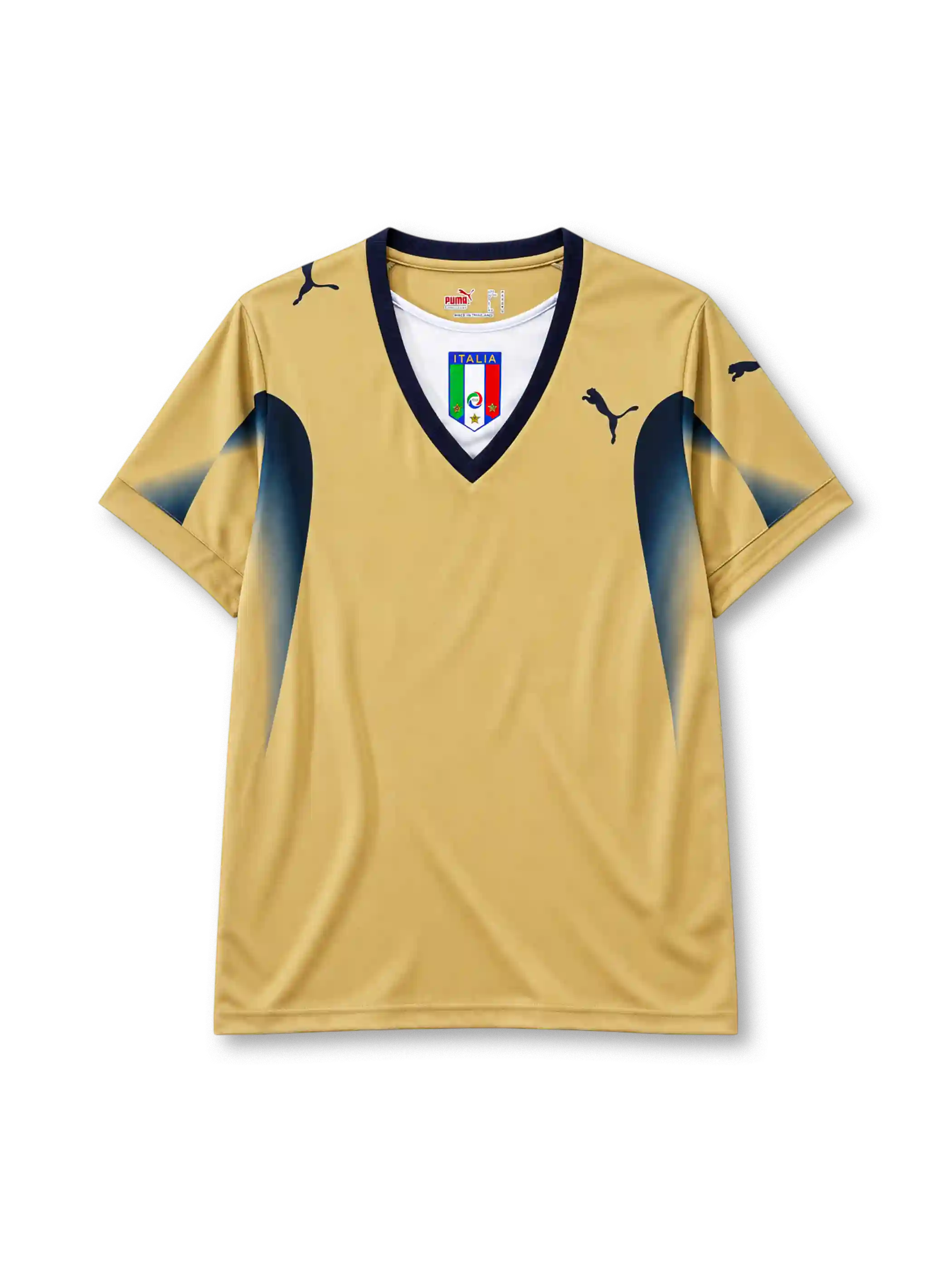Italy 2006 goalkeeper jersey in gold with navy panels and Puma branding