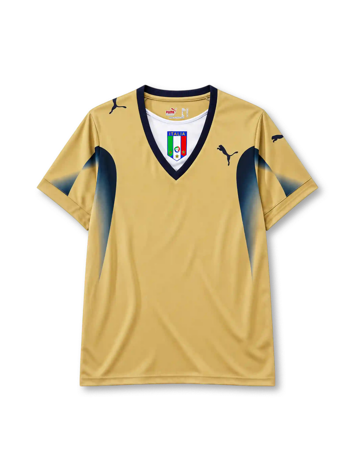 Italy 2006 goalkeeper jersey in gold with navy panels and Puma branding