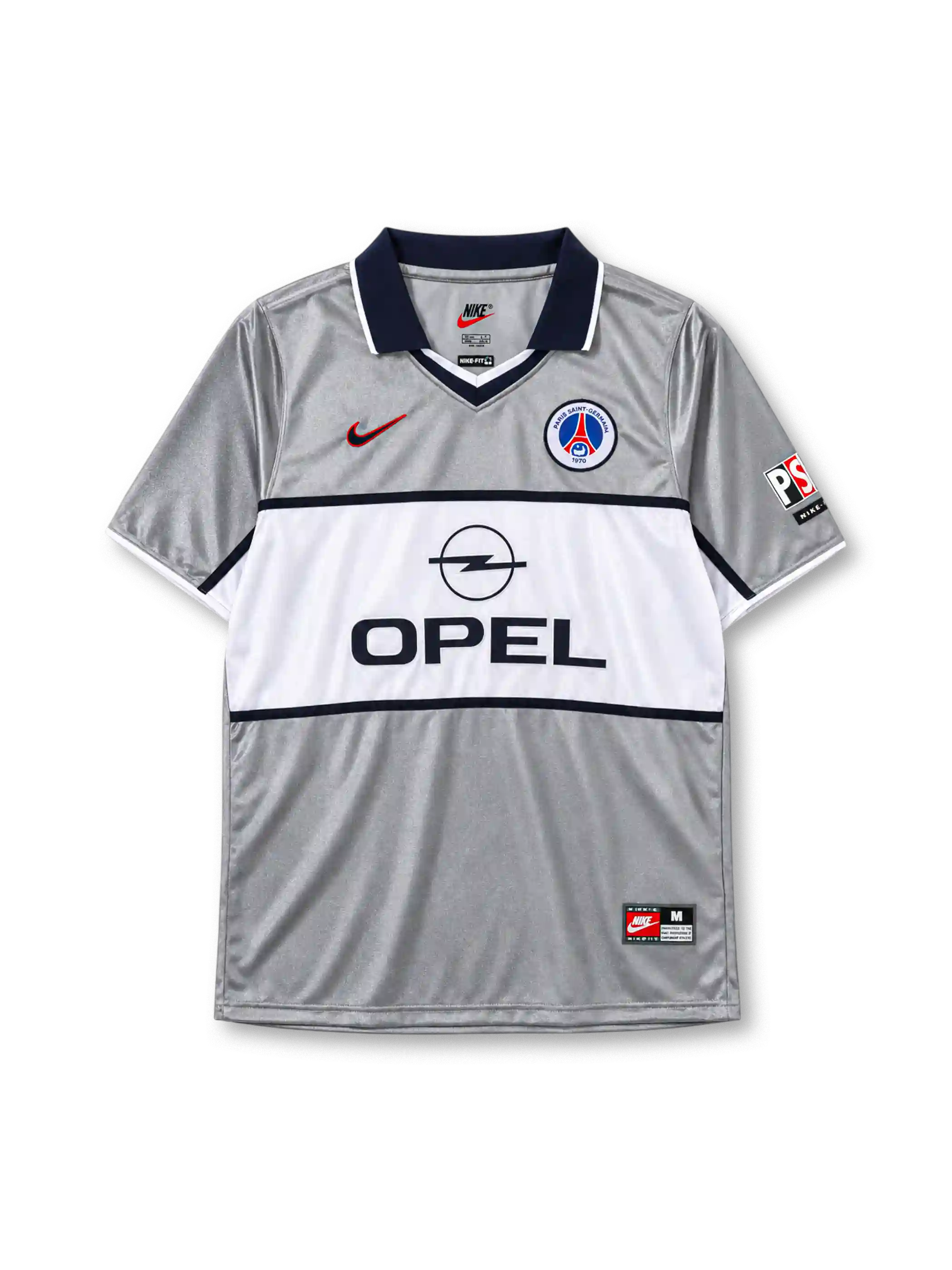 Paris Saint-Germain 2000-01 away jersey in grey with Opel sponsor and white chest panel