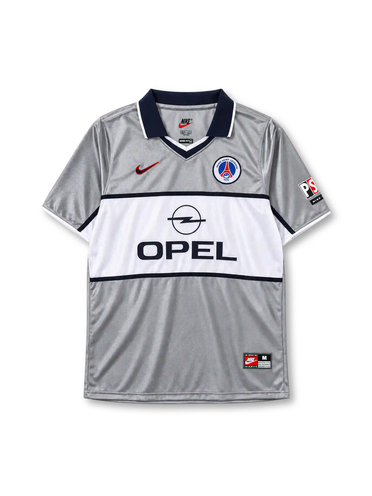 Paris Saint-Germain 2000-01 away jersey in grey with Opel sponsor and white chest panel