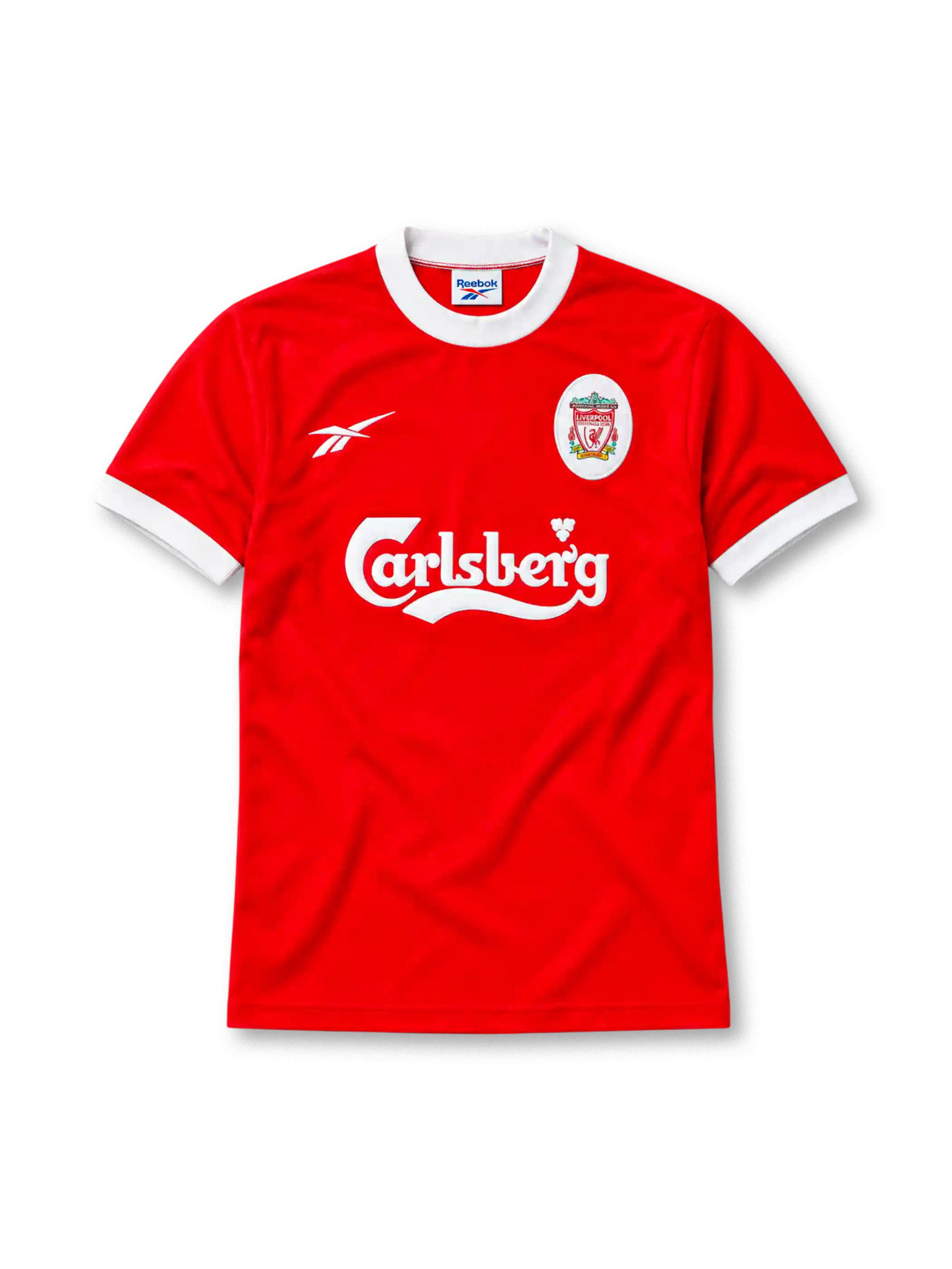 Liverpool 1997-98 home jersey in red with Carlsberg sponsor and white ringer collar