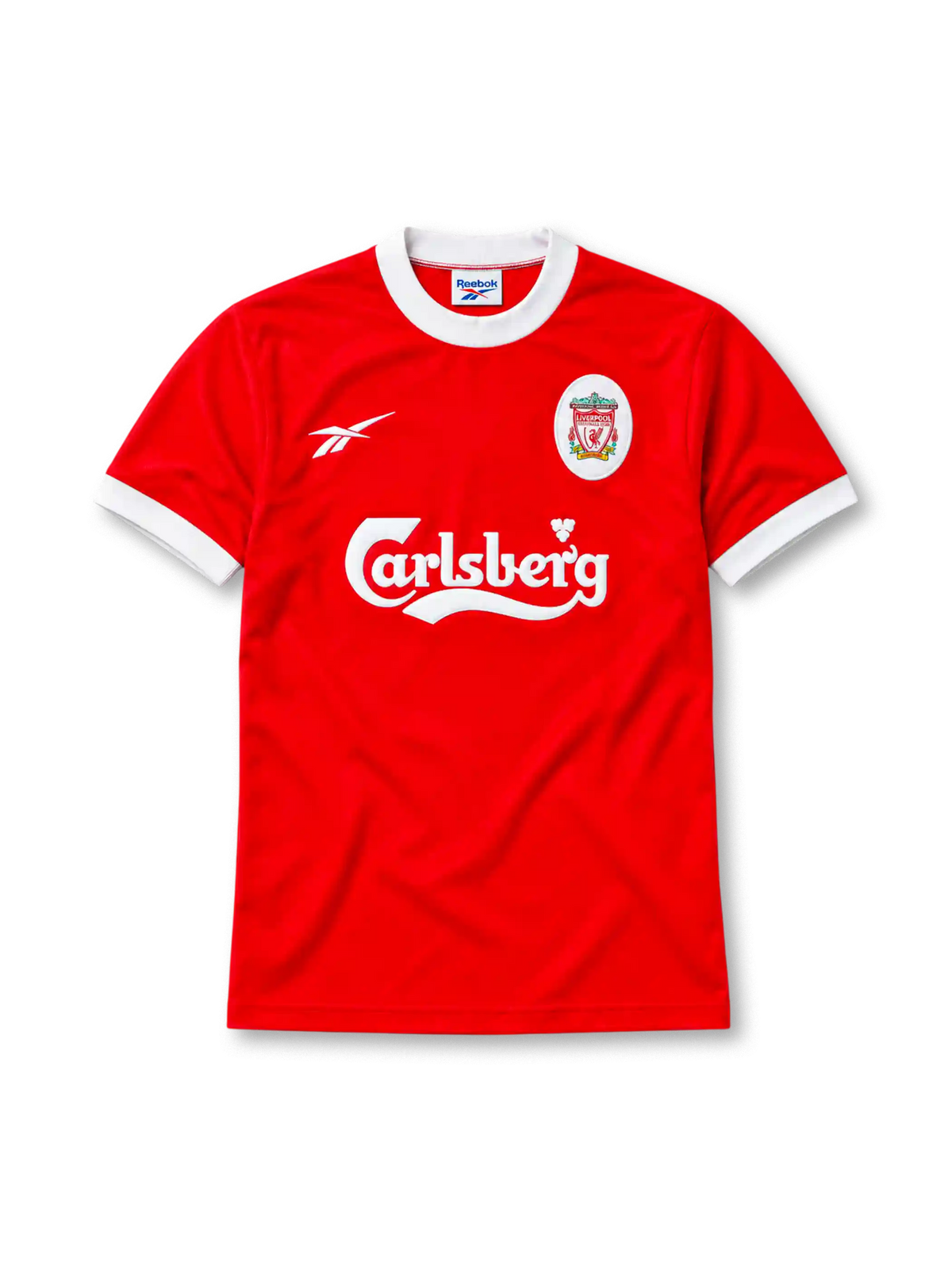Liverpool 1997-98 home jersey in red with Carlsberg sponsor and white ringer collar