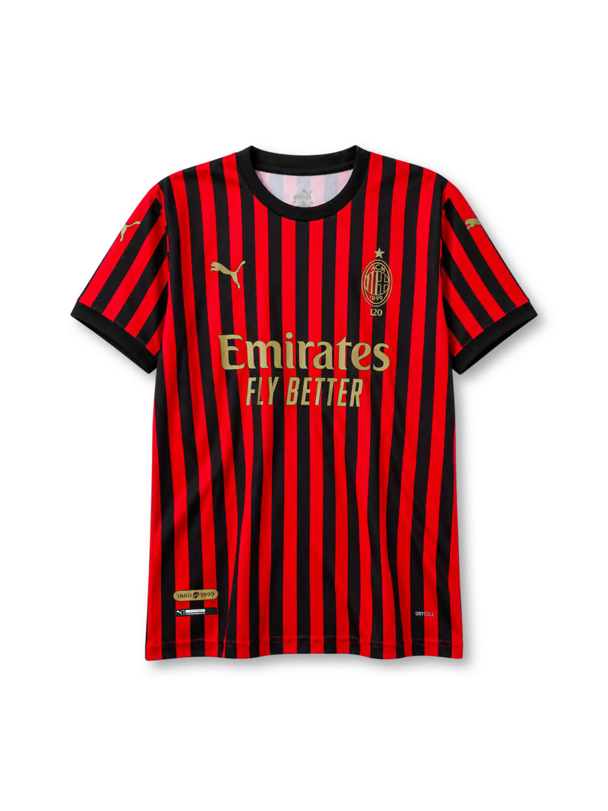 AC Milan 120th anniversary home jersey in red and black stripes with gold detailing and Emirates sponsor