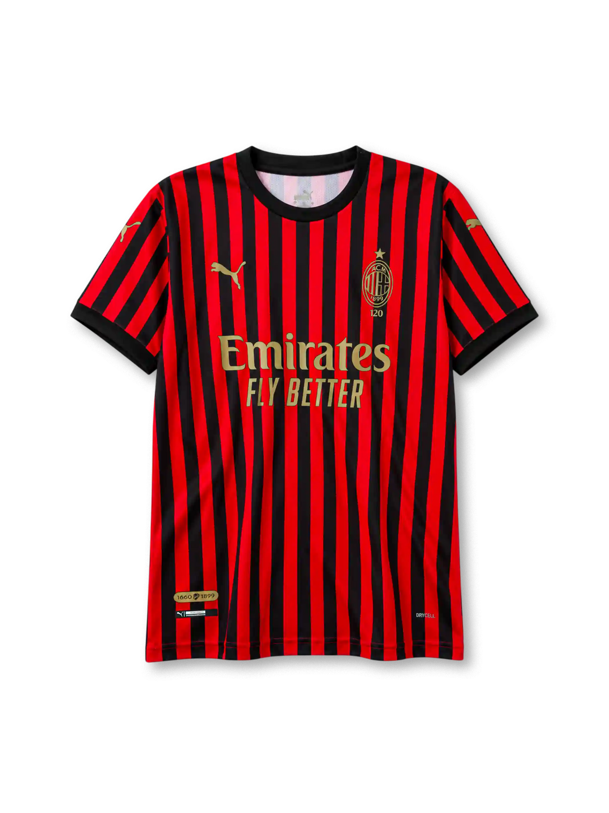 AC Milan 120th anniversary home jersey in red and black stripes with gold detailing and Emirates sponsor