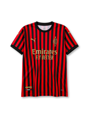 AC Milan 120th anniversary home jersey in red and black stripes with gold detailing and Emirates sponsor
