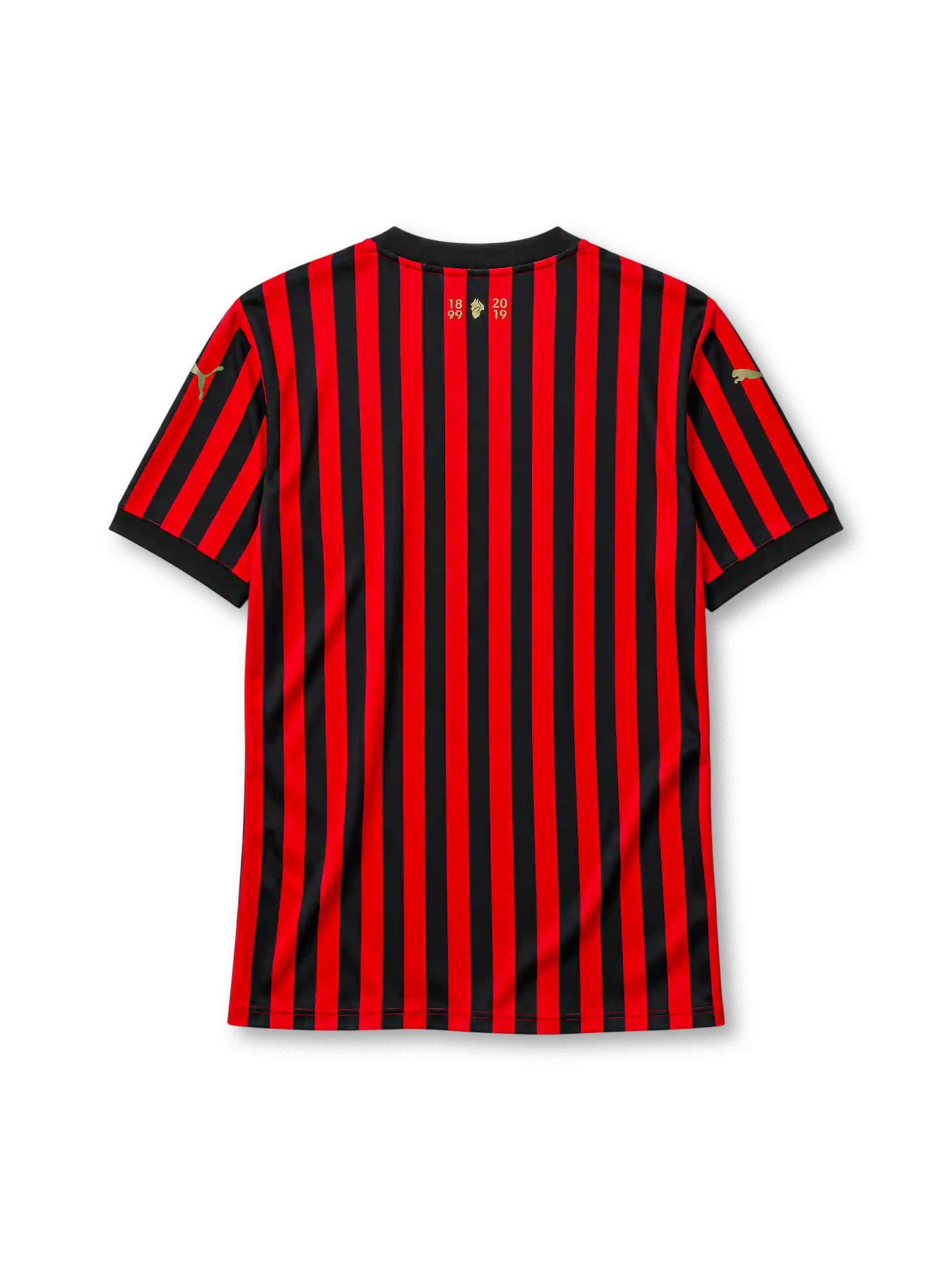 AC Milan 120th anniversary home jersey in red and black stripes with gold detailing and Emirates sponsor