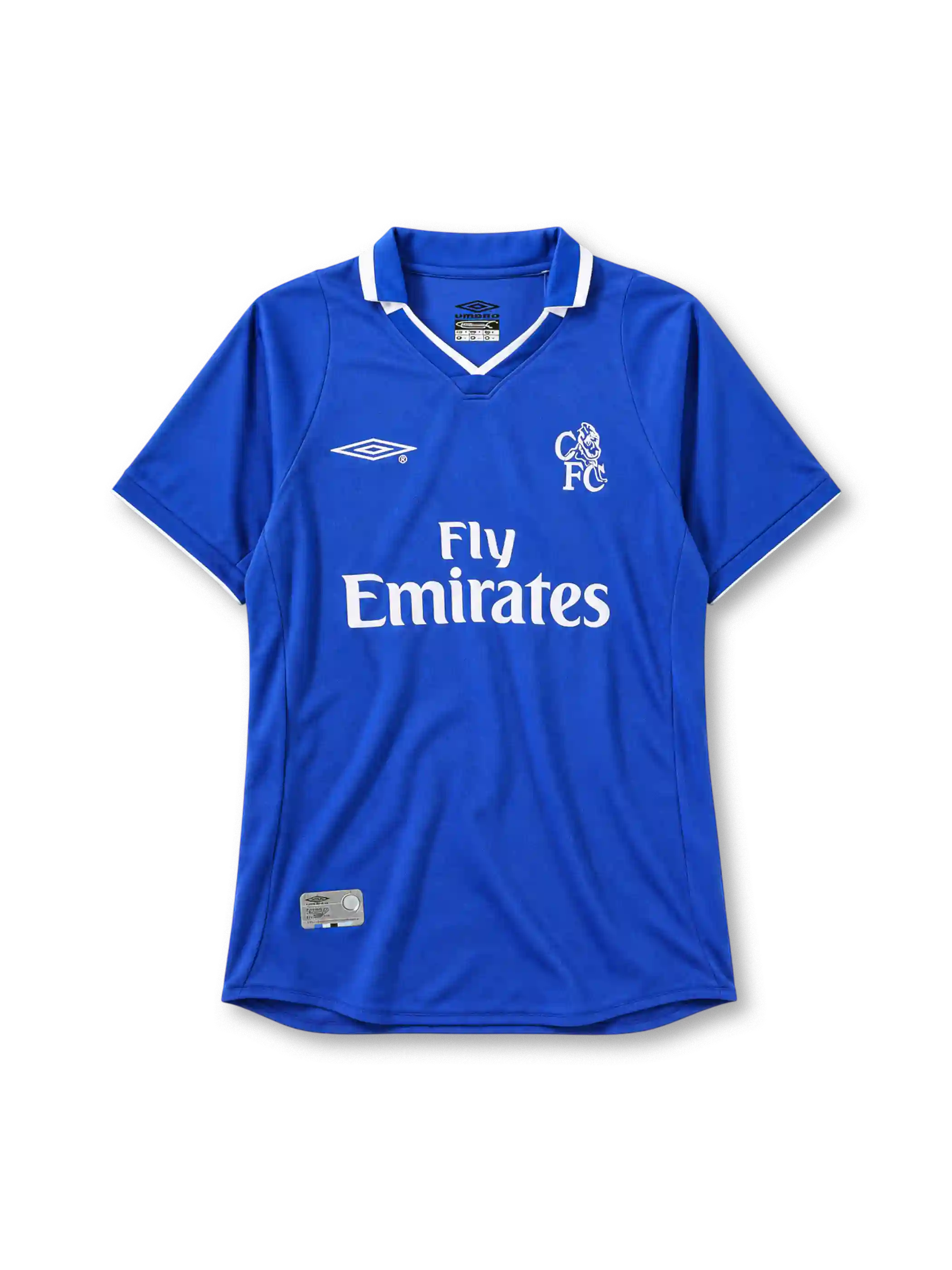 Chelsea 2001-03 home jersey Umbro front view blue Fly Emirates