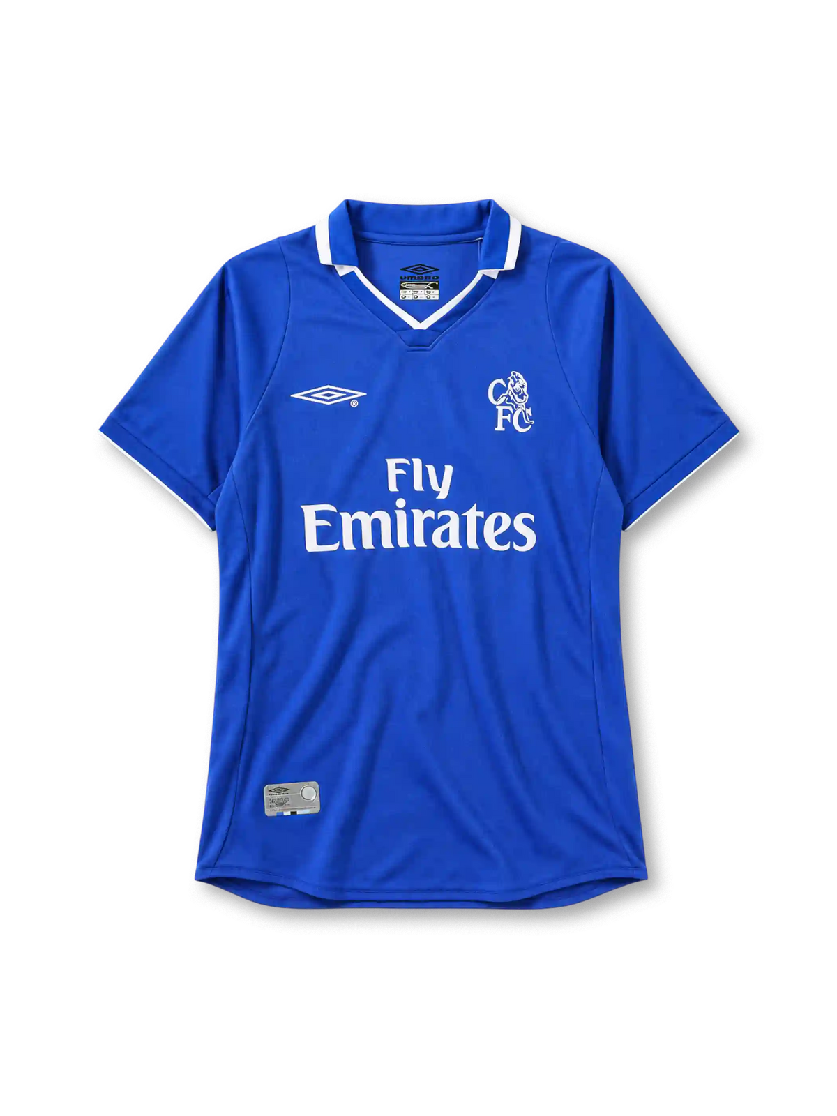 Chelsea 2001-03 home jersey Umbro front view blue Fly Emirates