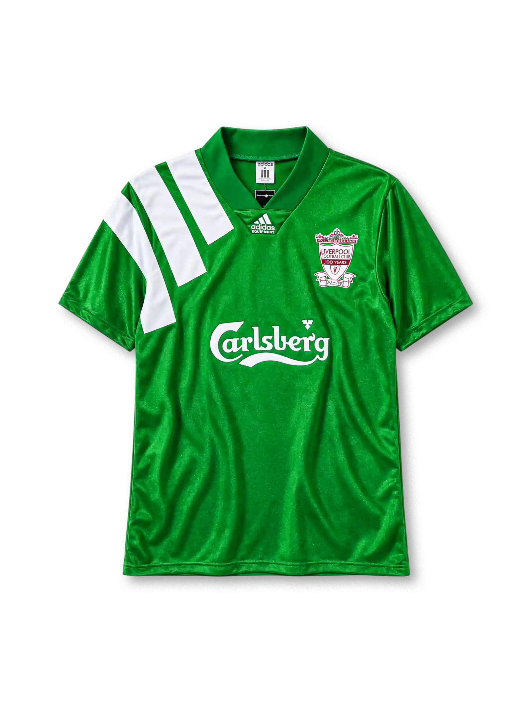 Liverpool 1992-93 away jersey adidas front view green centenary crest