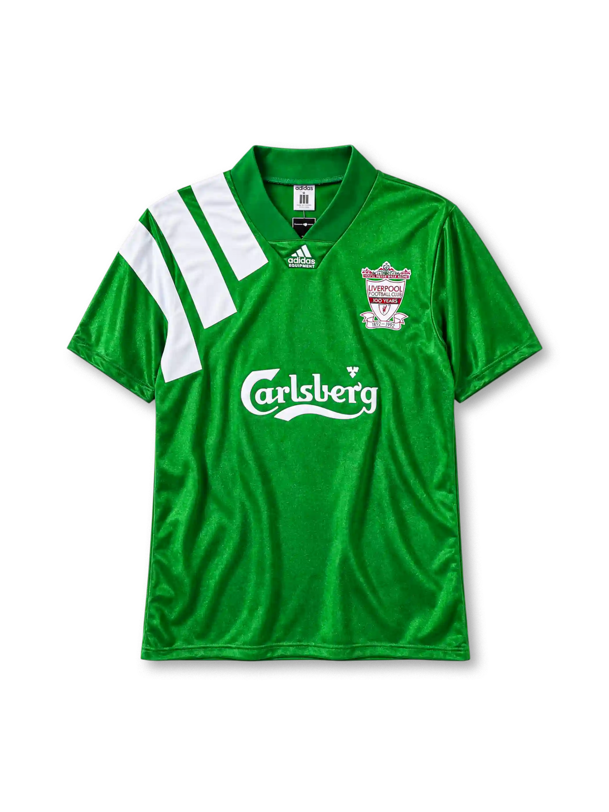 Liverpool 1992-93 away jersey adidas front view green centenary crest