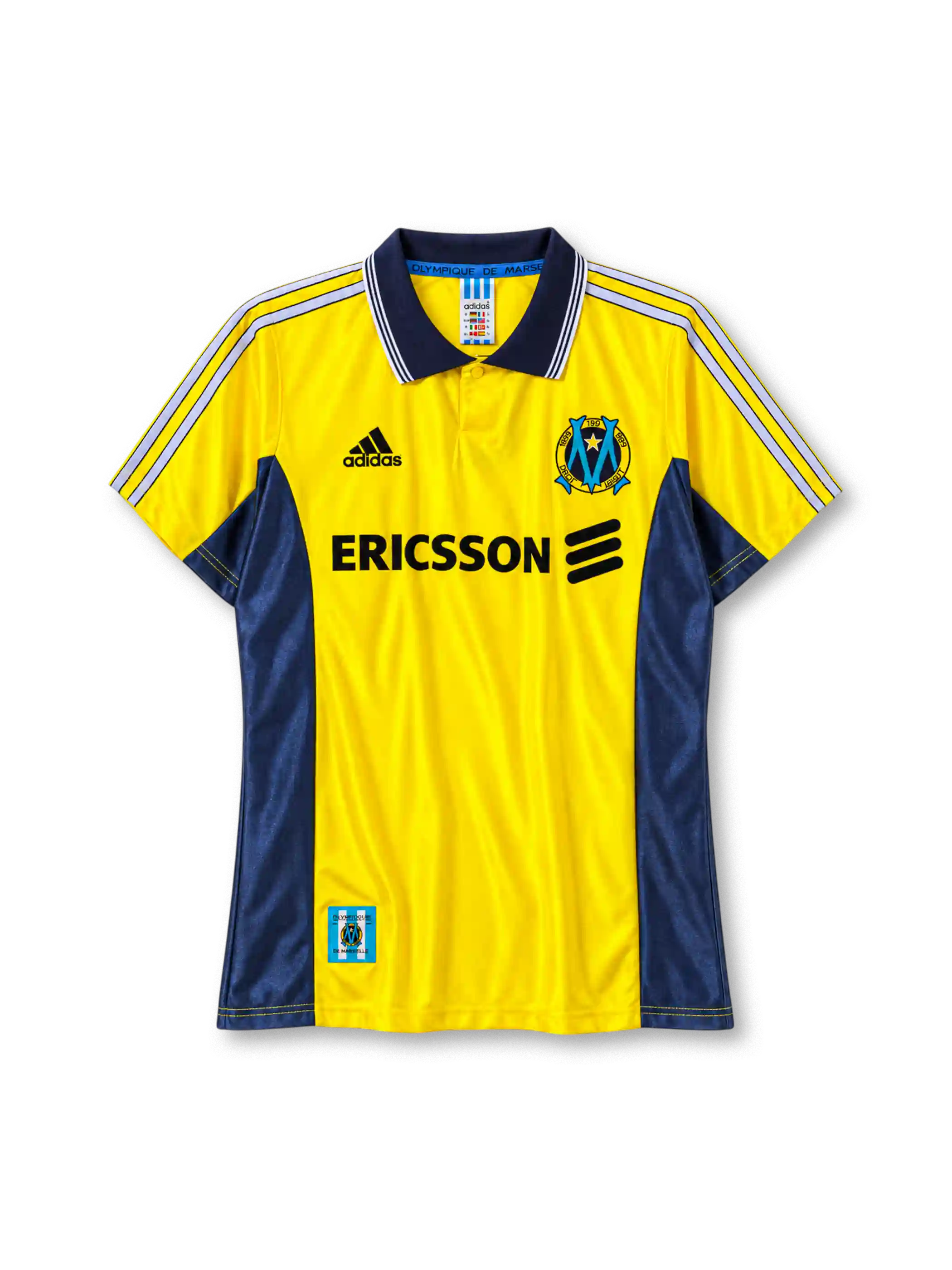 Olympique Marseille 1998-99 third jersey adidas front view yellow navy panels